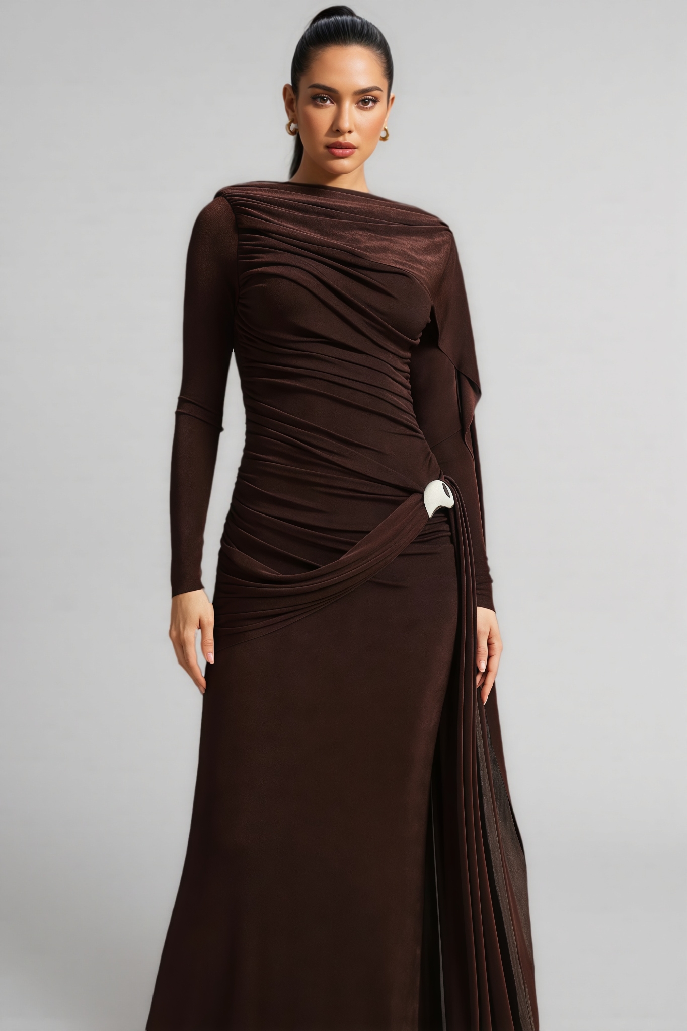 Liserre Long Sleeve Ruched Brown Maxi Dress