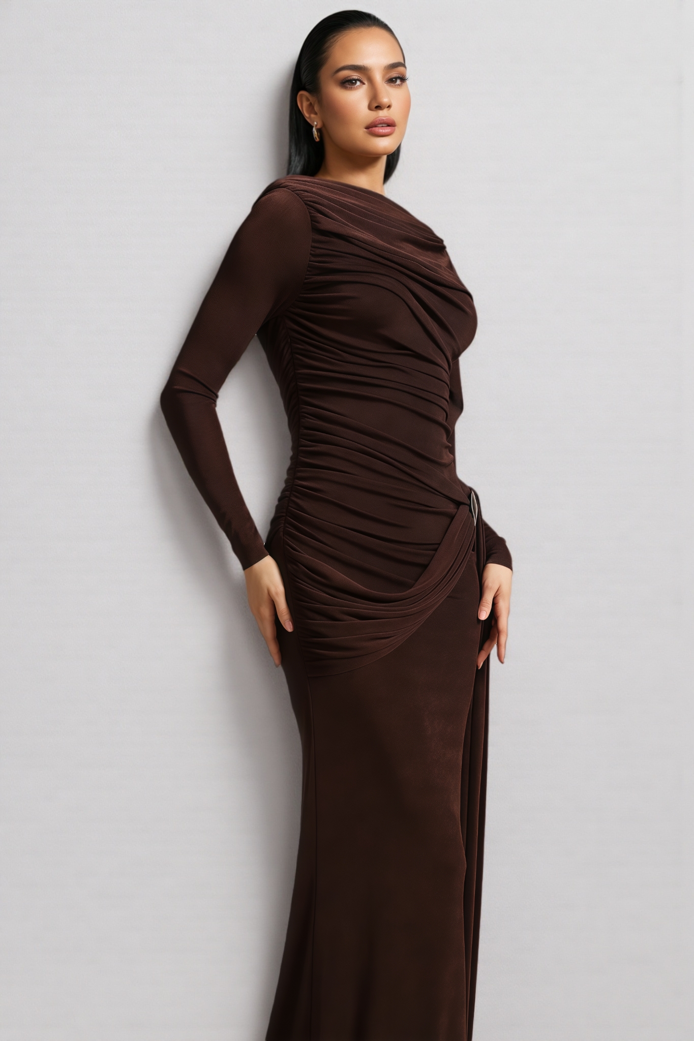 Liserre Long Sleeve Ruched Brown Maxi Dress
