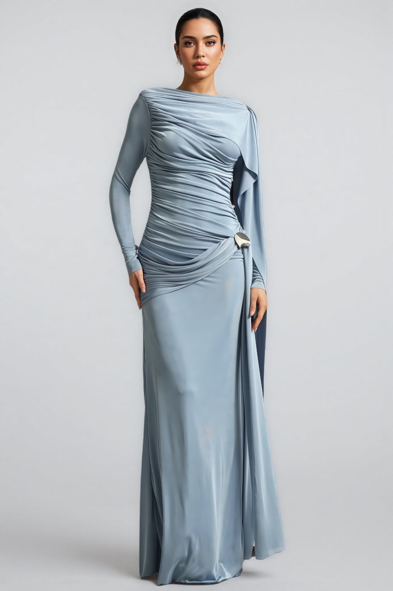Edyta Long Sleeve Ruched Blue Maxi Dress