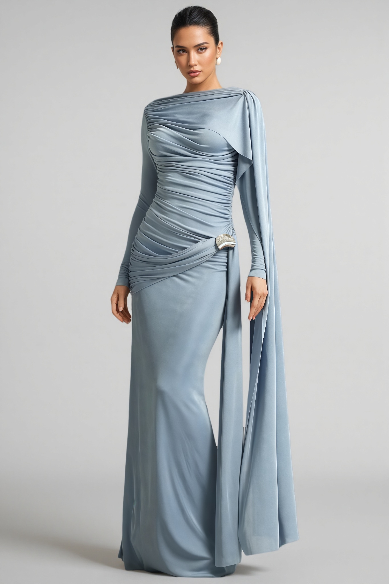 Edyta Long Sleeve Ruched Blue Maxi Dress
