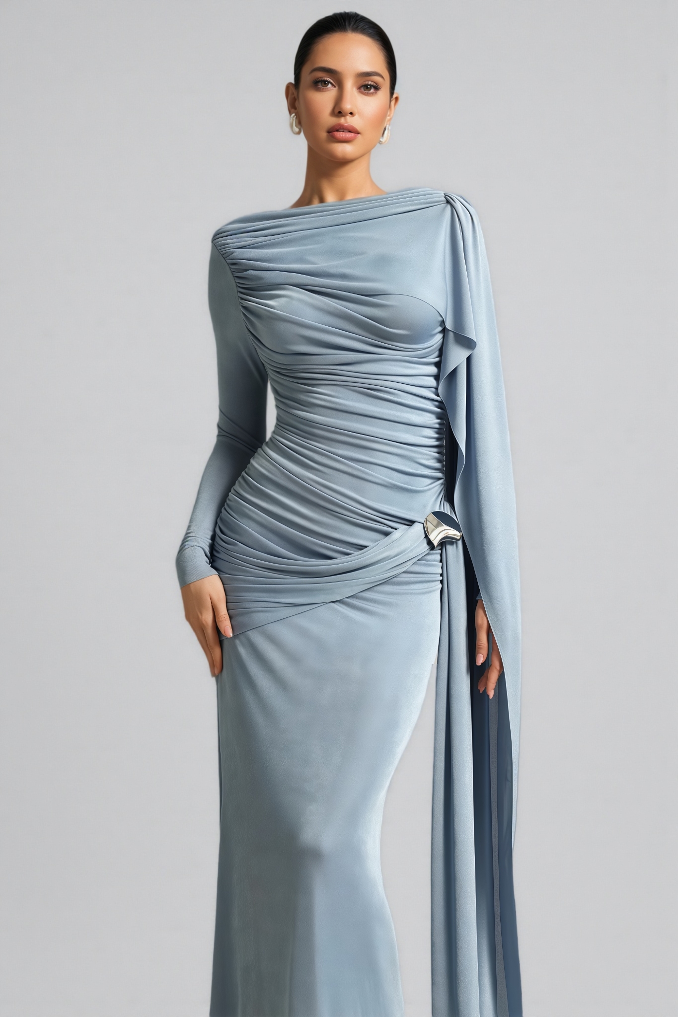 Edyta Long Sleeve Ruched Blue Maxi Dress