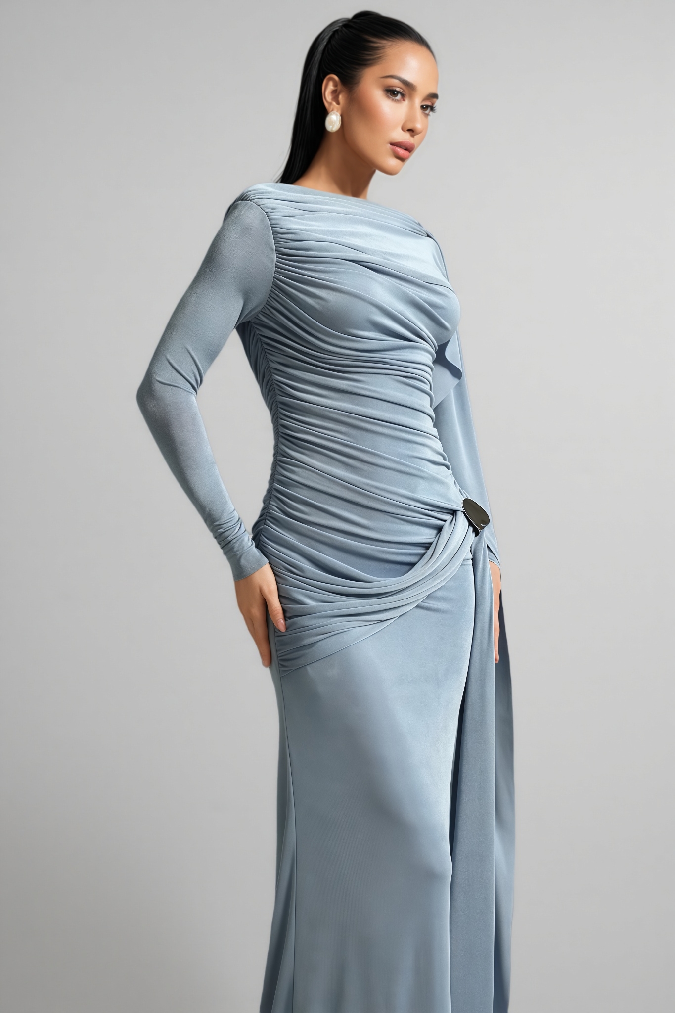 Edyta Long Sleeve Ruched Blue Maxi Dress