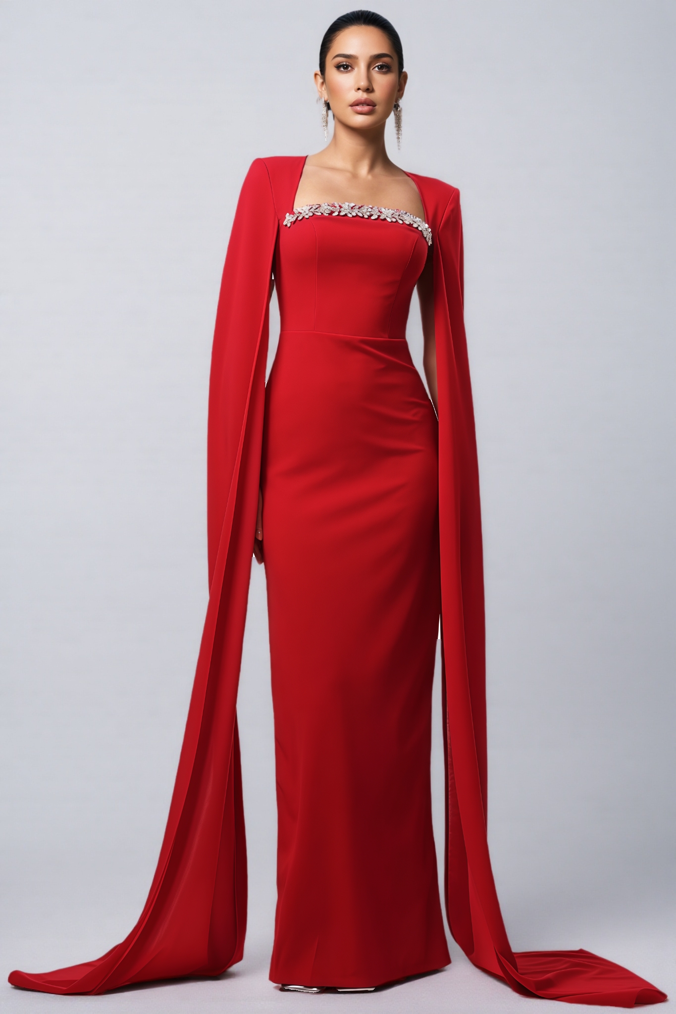 Kira Cape Sleeve Rhinestone Woven Maxi Dress