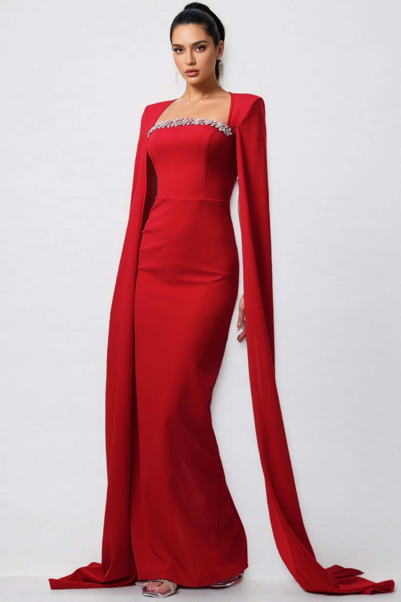 Kira Cape Sleeve Rhinestone Woven Maxi Dress