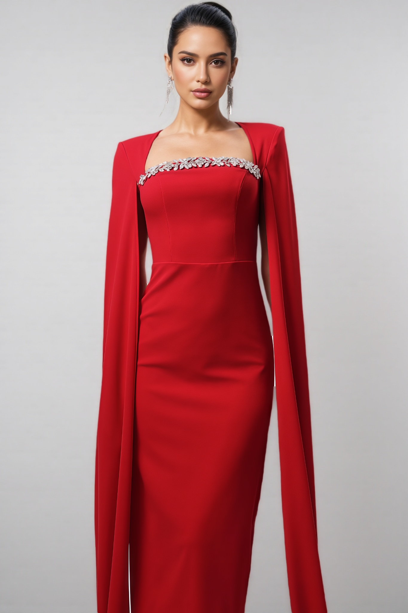 Kira Cape Sleeve Rhinestone Woven Maxi Dress