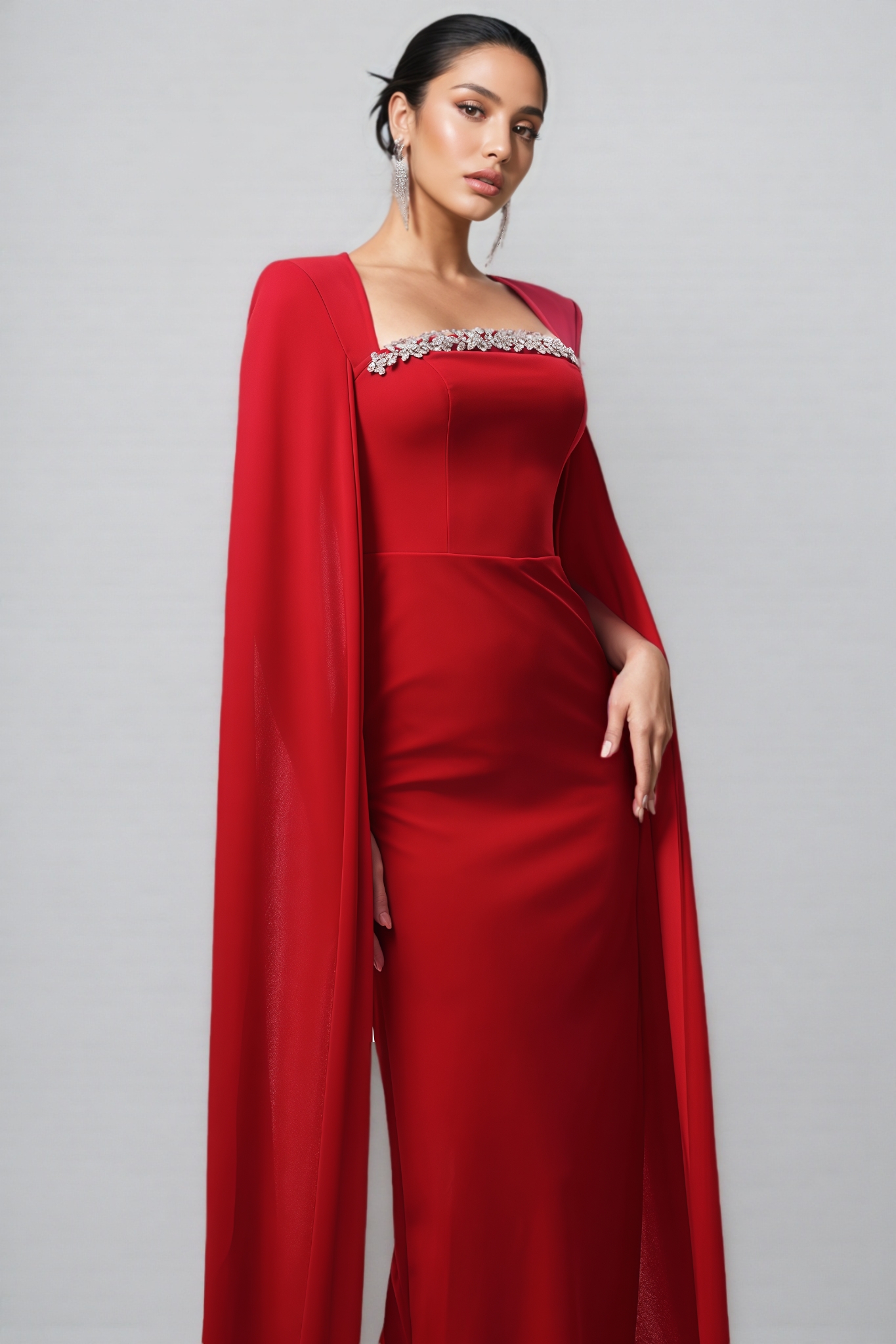 Kira Cape Sleeve Rhinestone Woven Maxi Dress