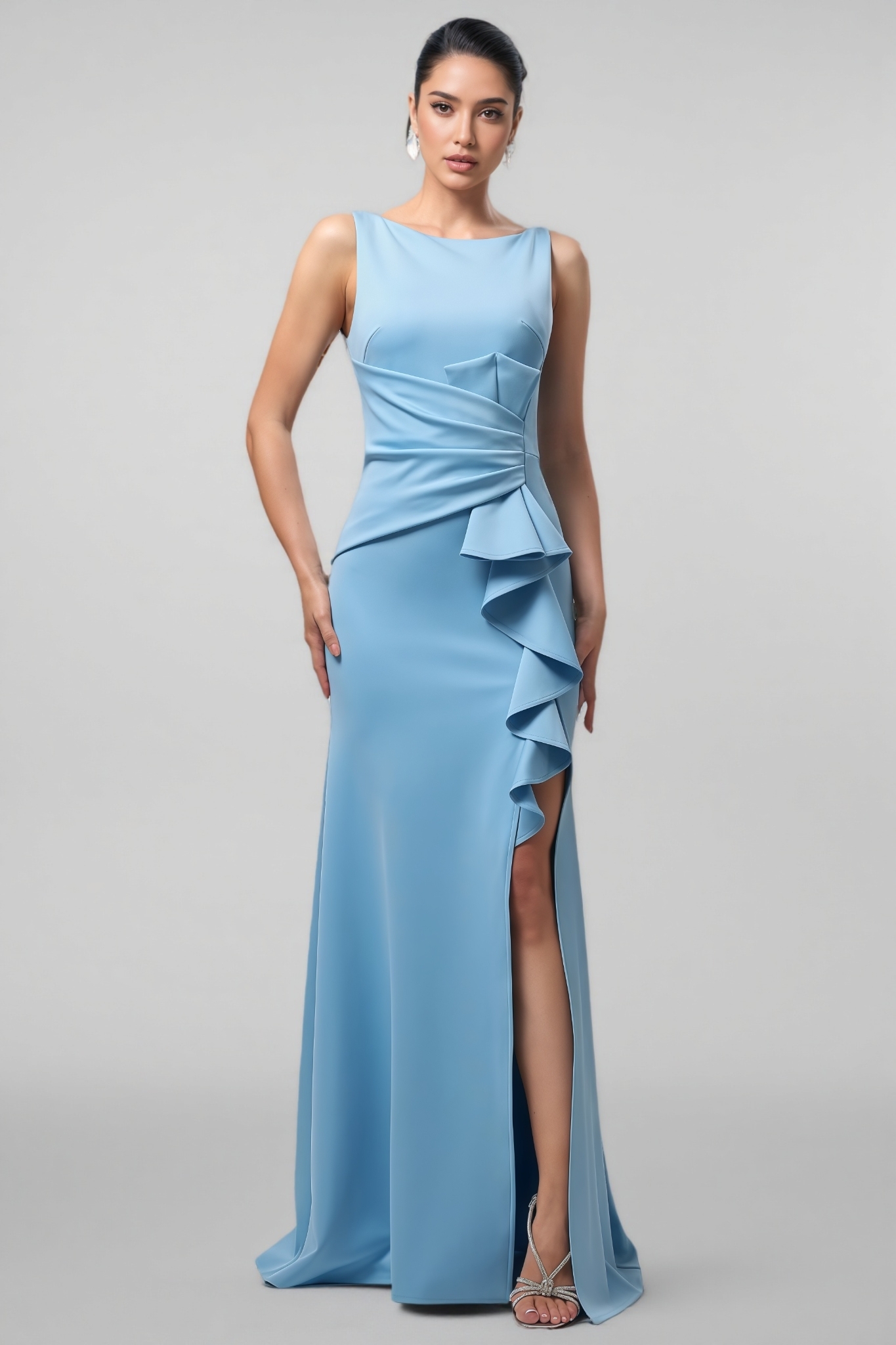 Rebecca Sleeveless Ruffle High Slit Maxi Dress