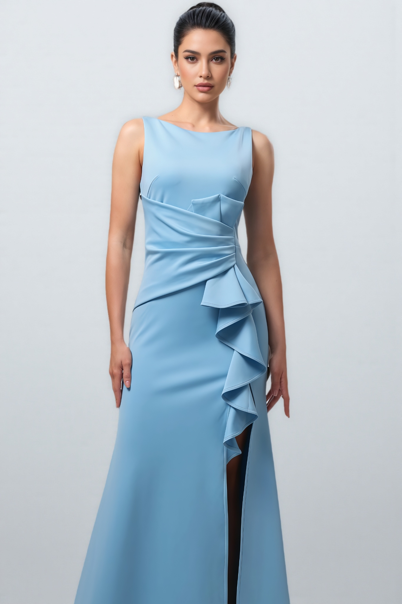 Rebecca Sleeveless Ruffle High Slit Maxi Dress