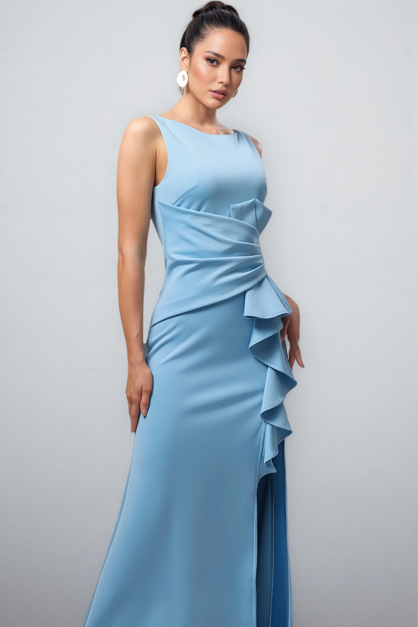 Rebecca Sleeveless Ruffle High Slit Maxi Dress