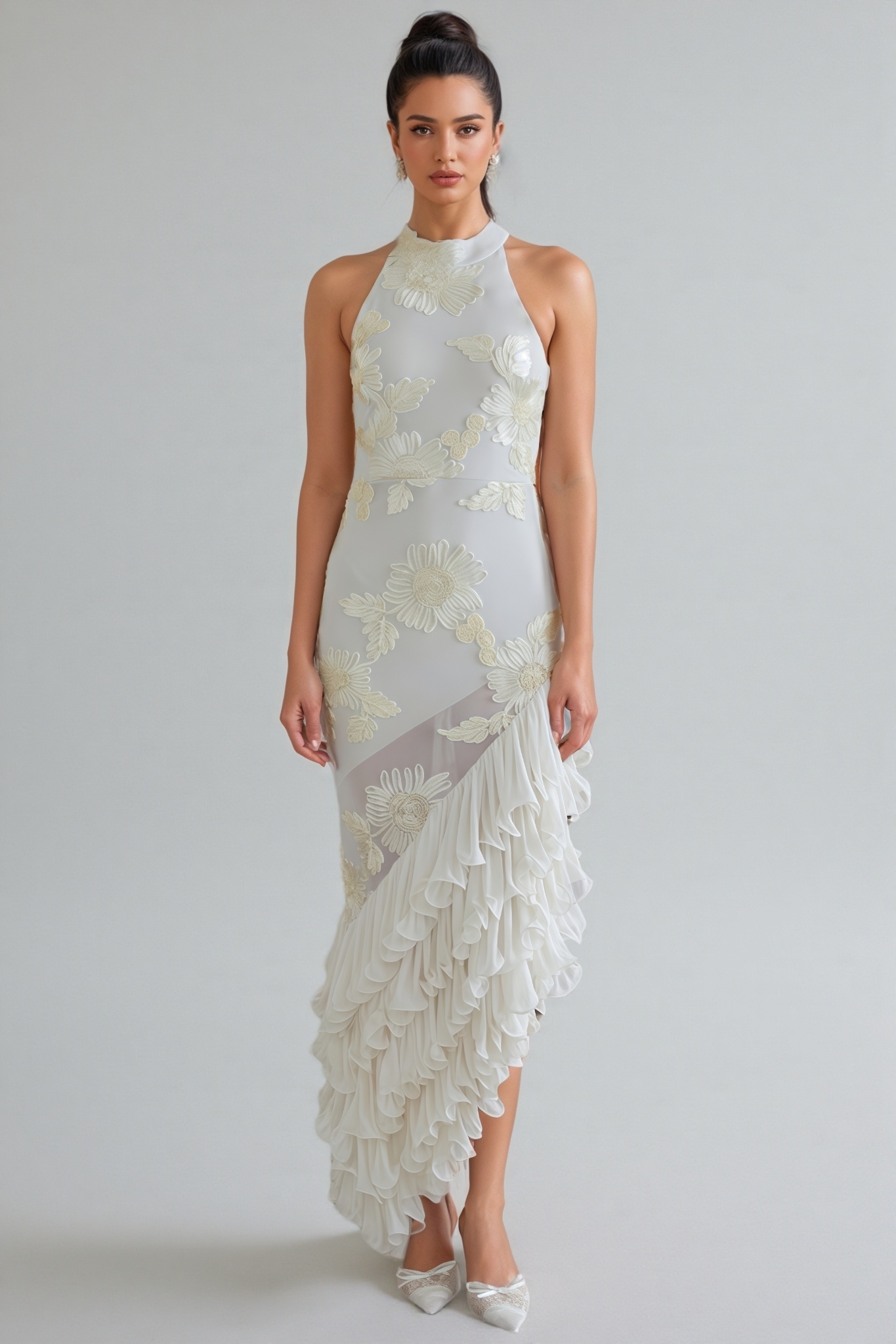 Luz Asymmetrical Ruffled Floral Midi Dress