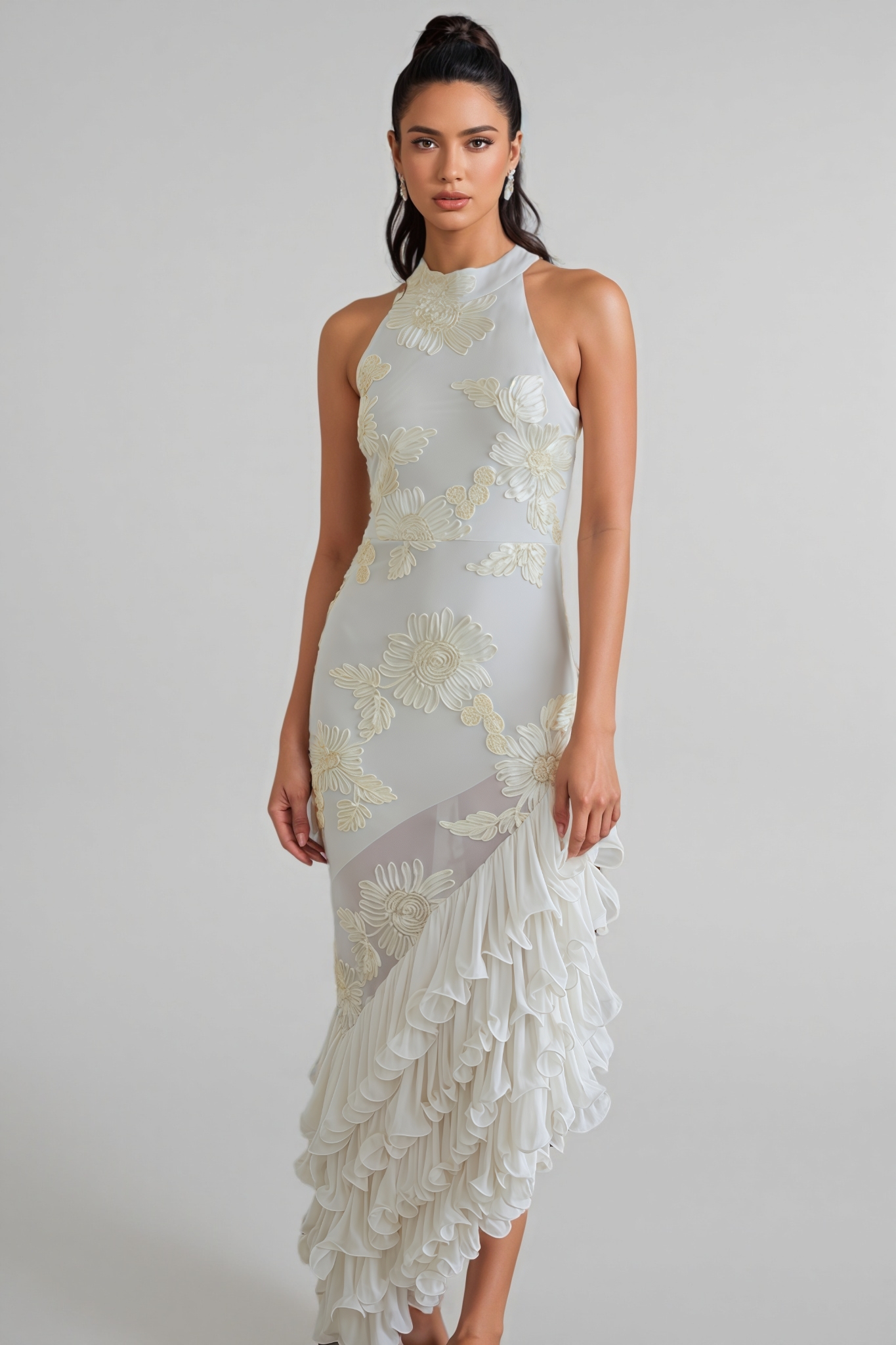 Luz Asymmetrical Ruffled Floral Midi Dress