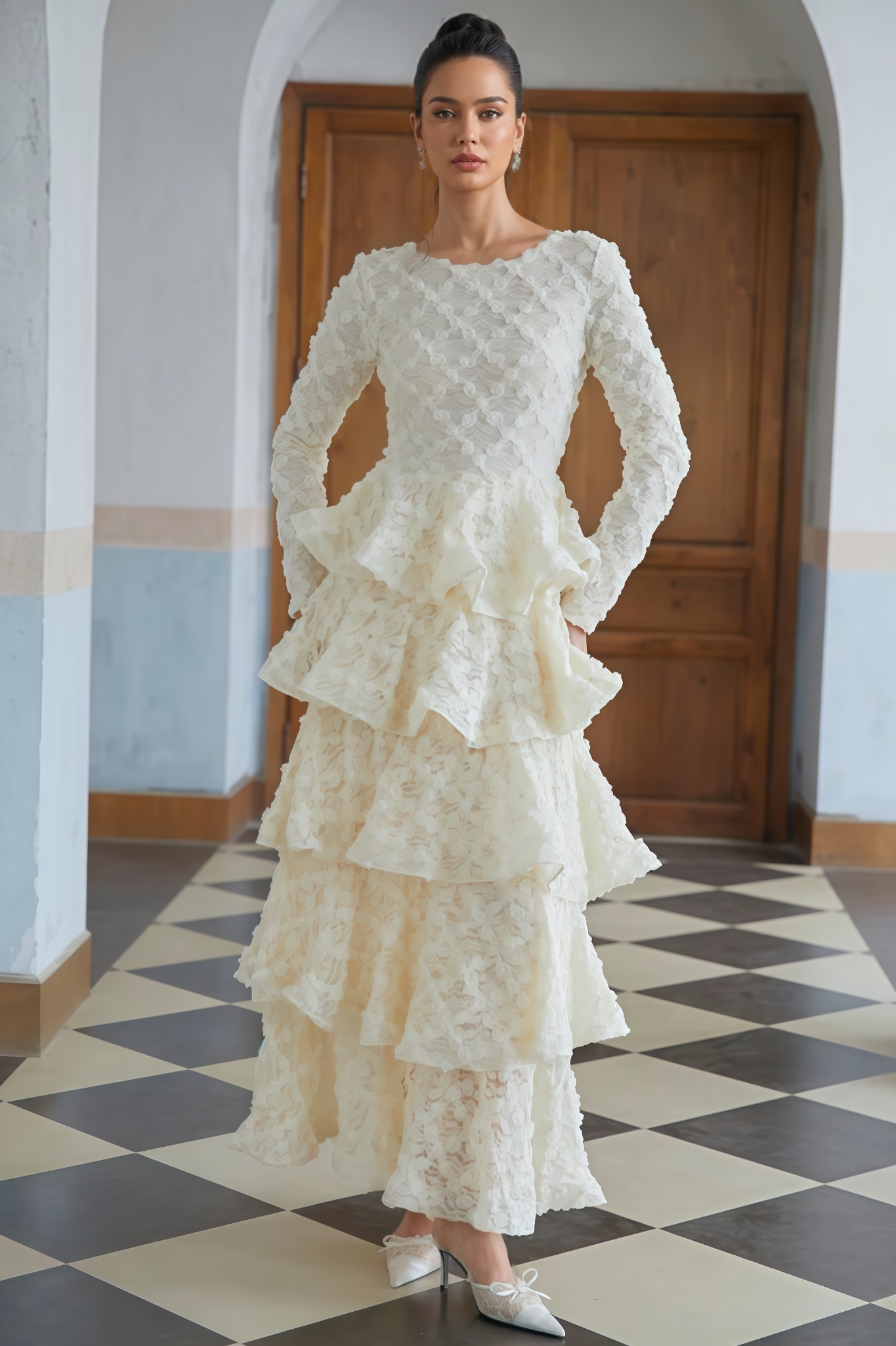 Wenrey Neutral Tiered Floral Lace Maxi Dress