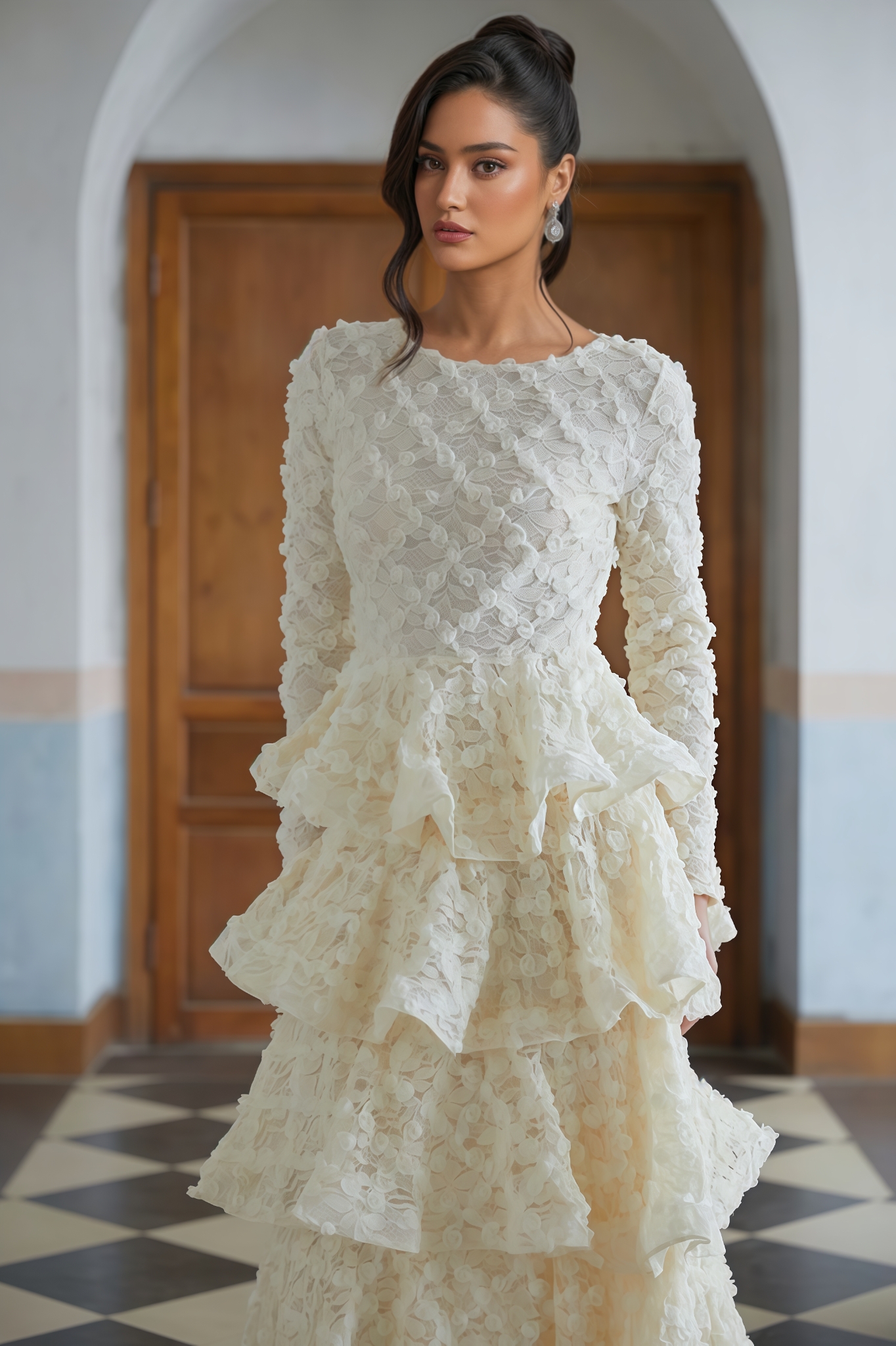 Wenrey Neutral Tiered Floral Lace Maxi Dress