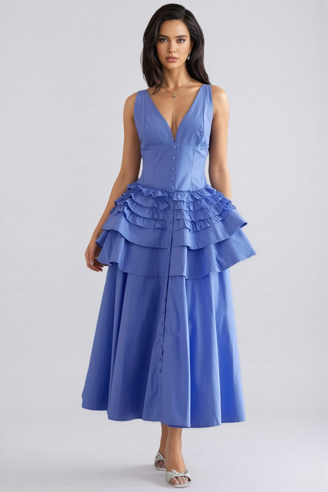 Theo Blue Ruffled Tiered Midi Dress