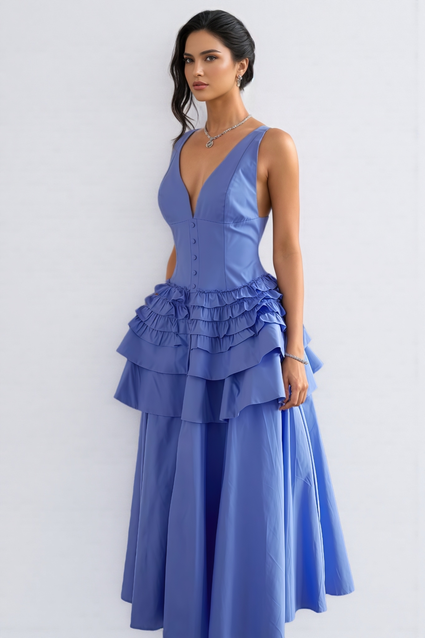 Theo Blue Ruffled Tiered Midi Dress