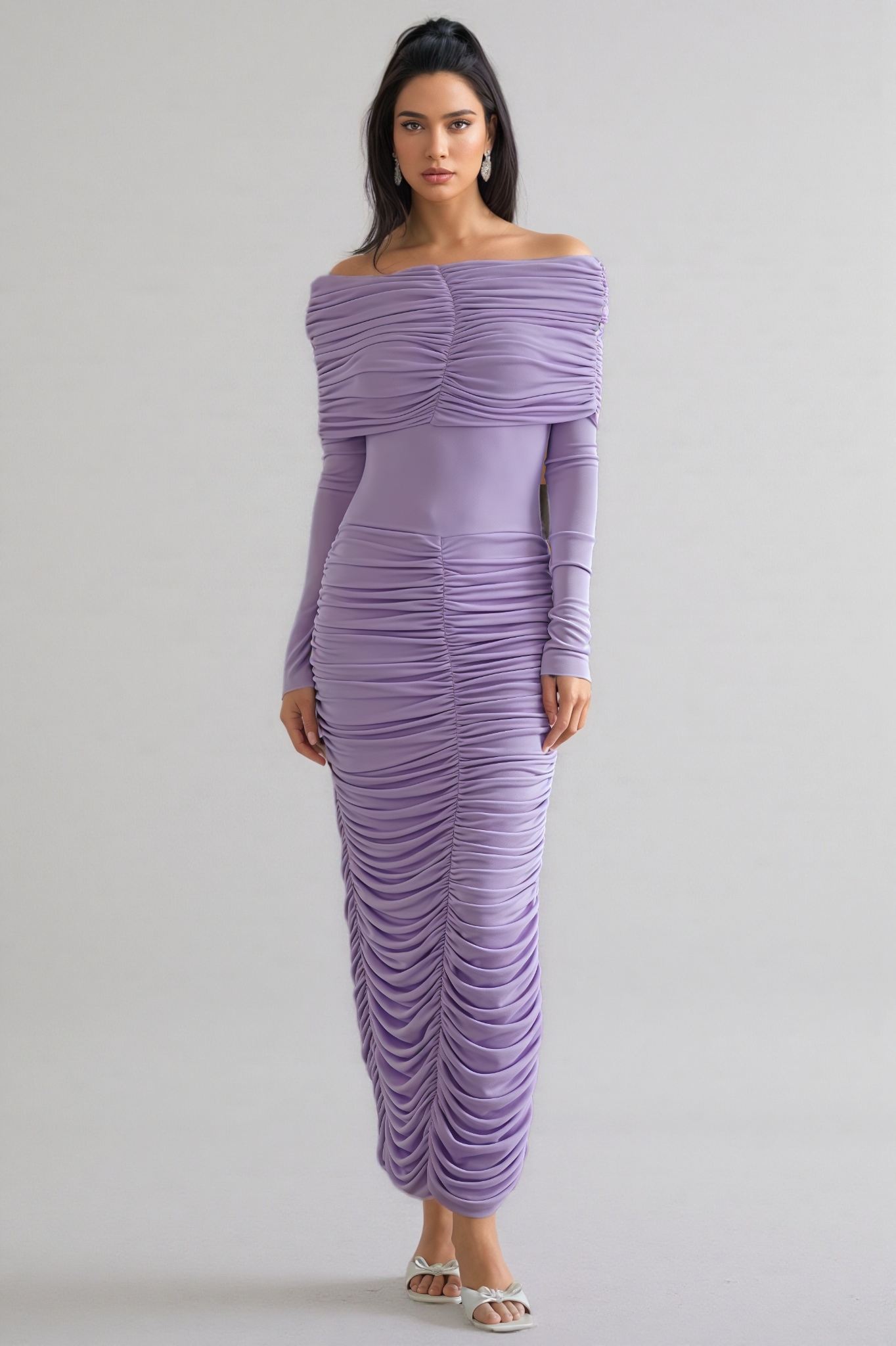 Eabha Purple Ruched Draped Knit Maxi Dress