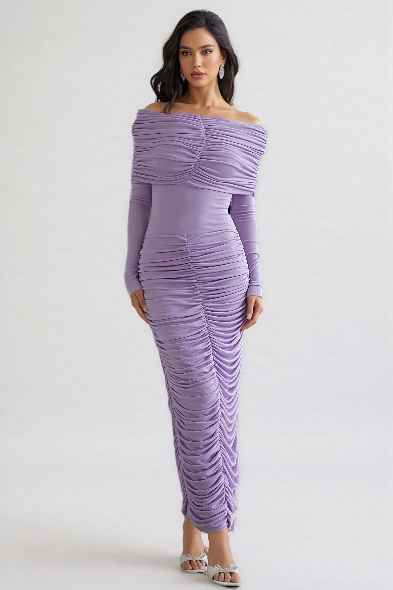 Eabha Purple Ruched Draped Knit Maxi Dress
