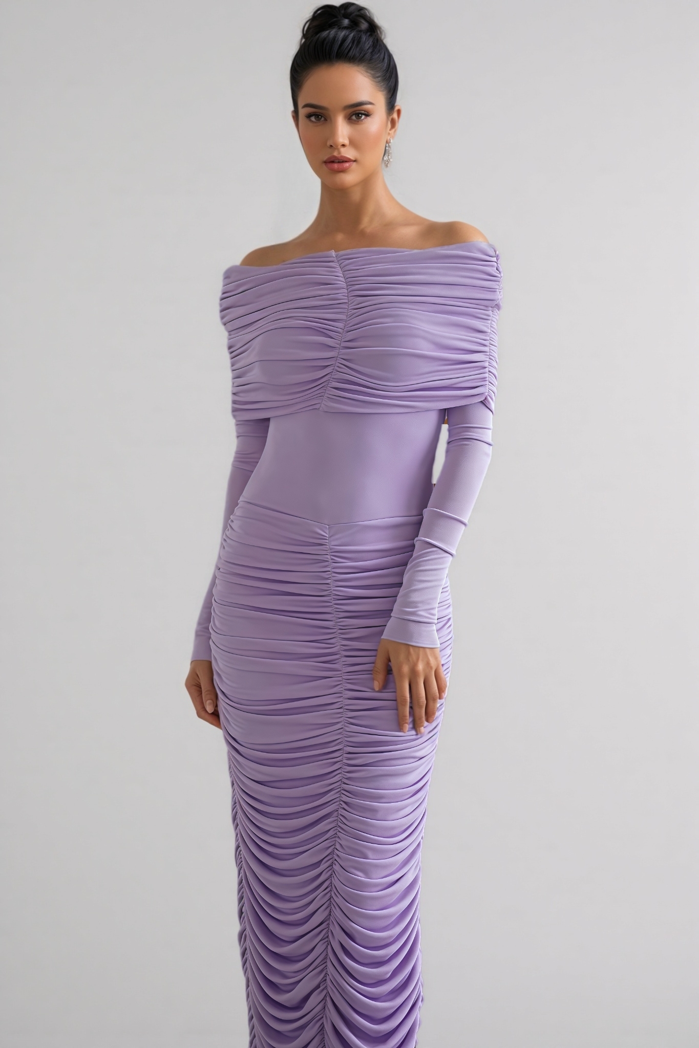 Eabha Purple Ruched Draped Knit Maxi Dress