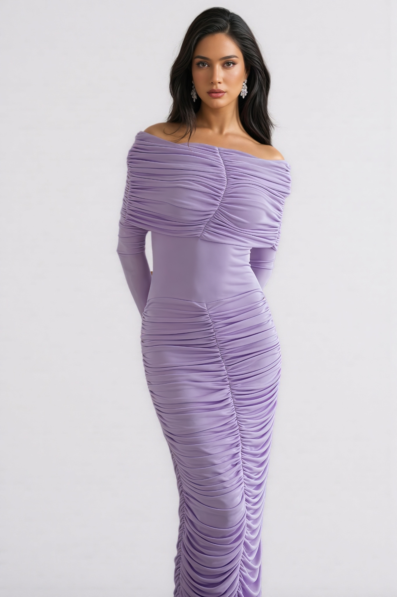Eabha Purple Ruched Draped Knit Maxi Dress