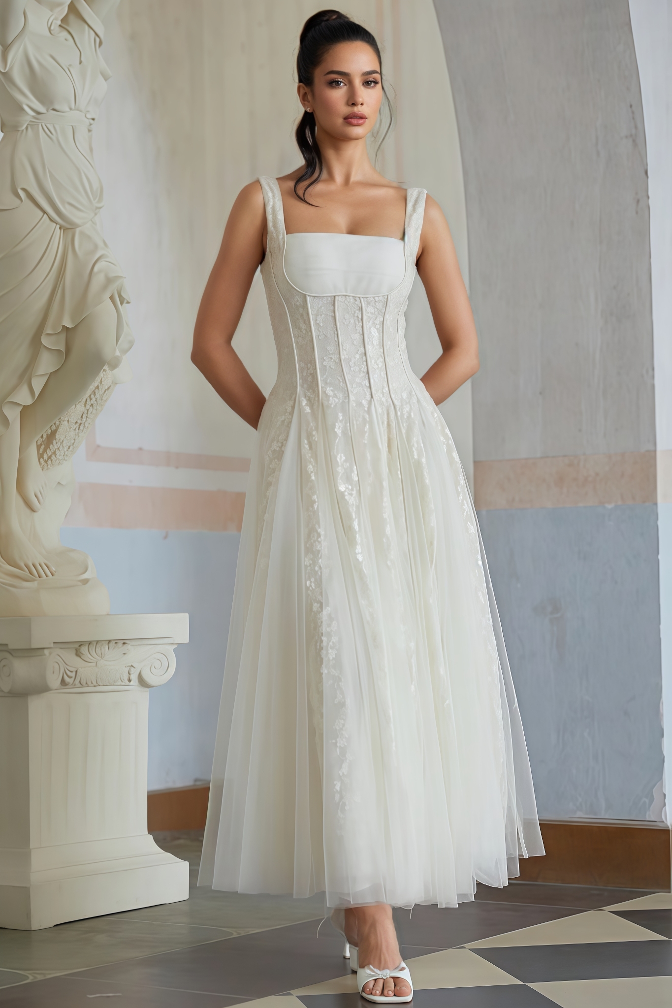 Dasaka Tulle Panel Lace Maxi Dress