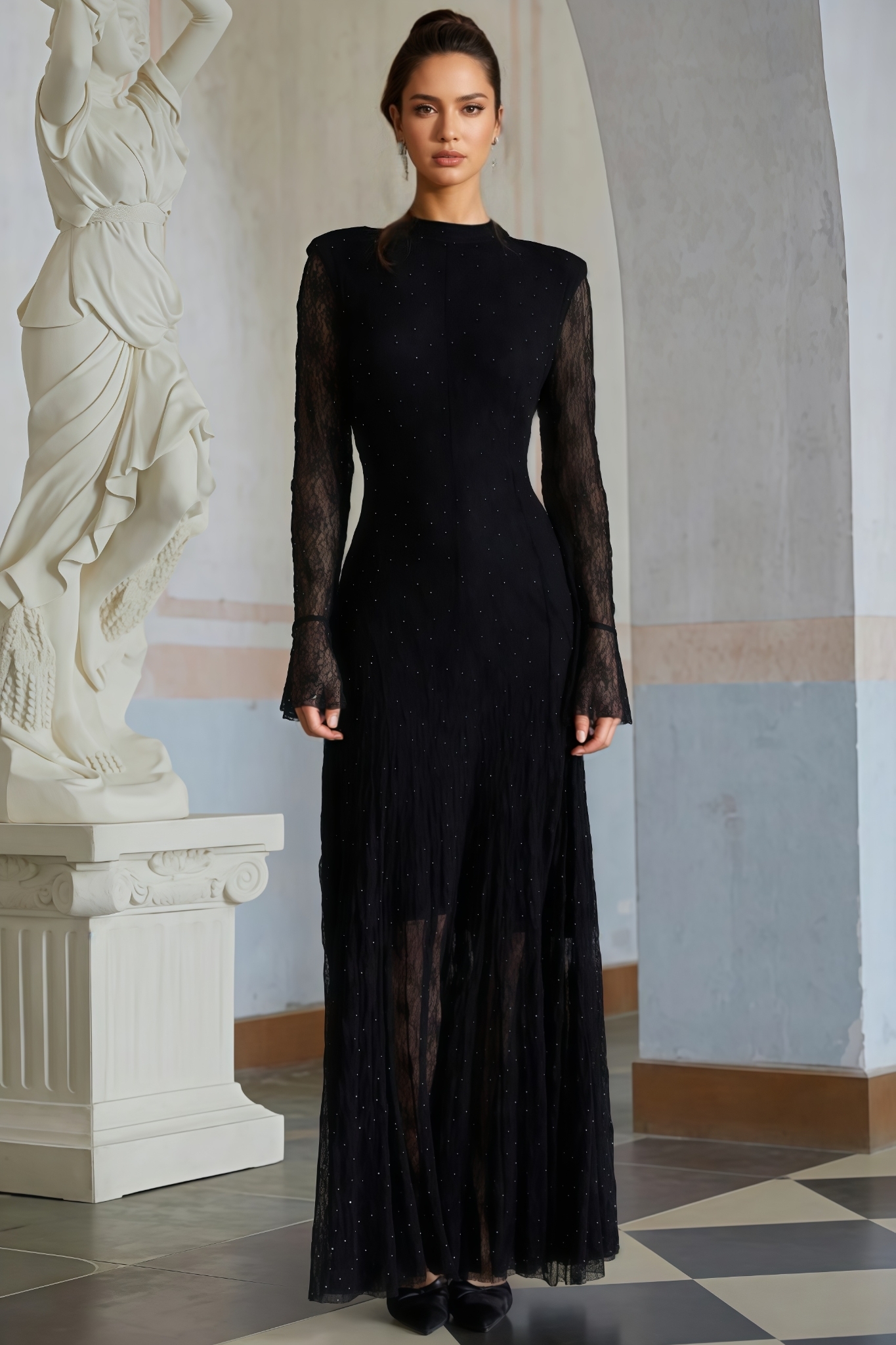 Codi Black Rhinestone Lace Maxi Dress