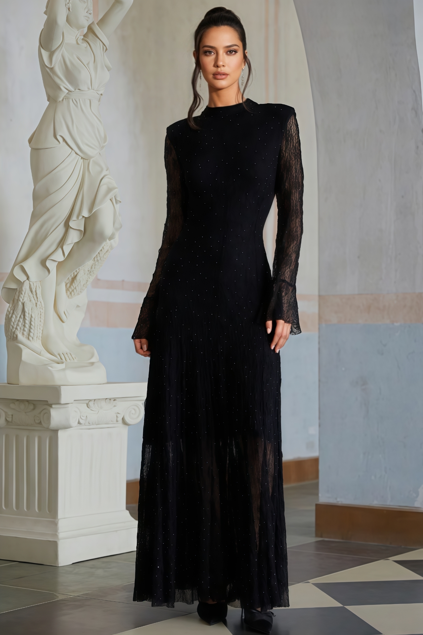 Codi Black Rhinestone Lace Maxi Dress