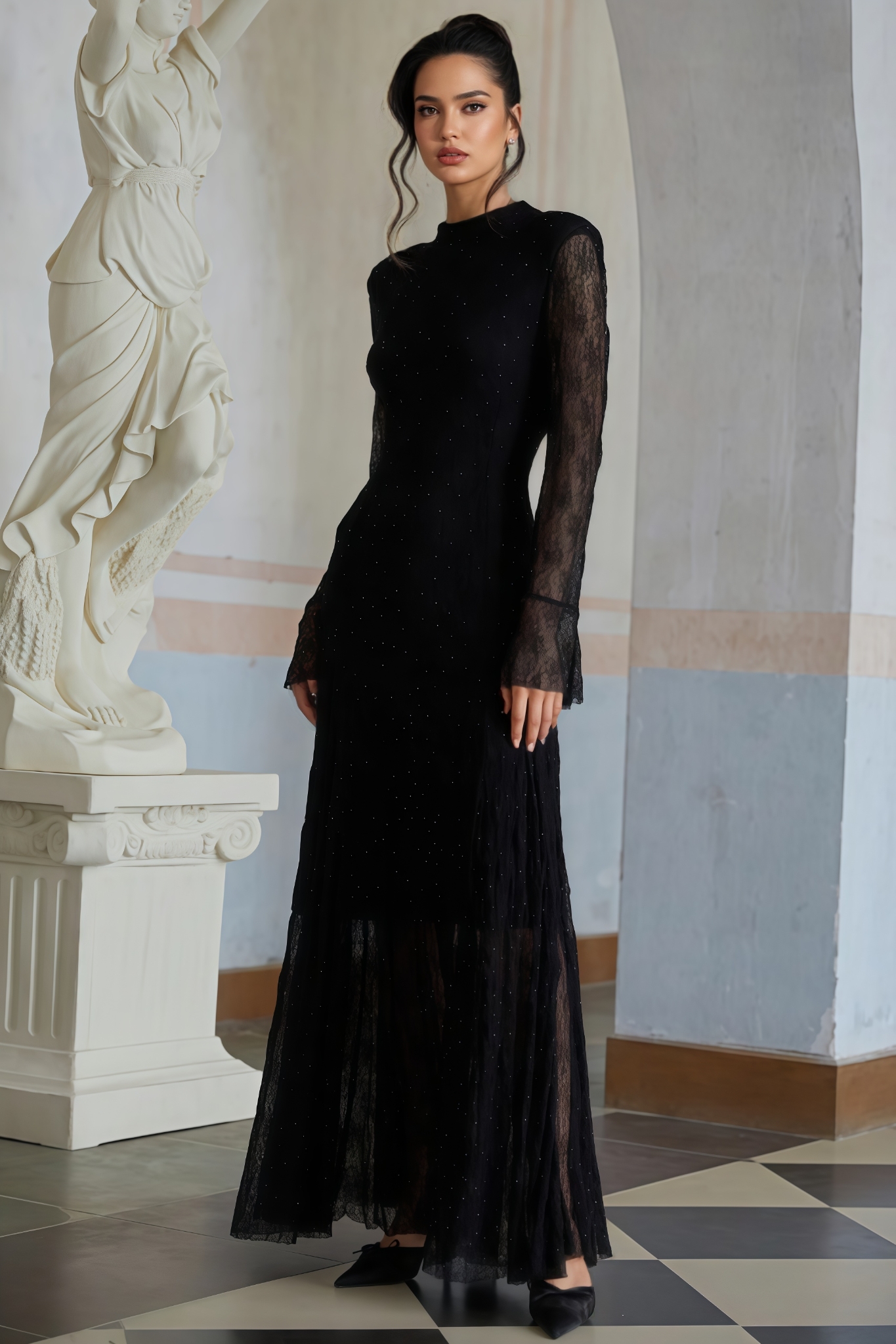 Codi Black Rhinestone Lace Maxi Dress