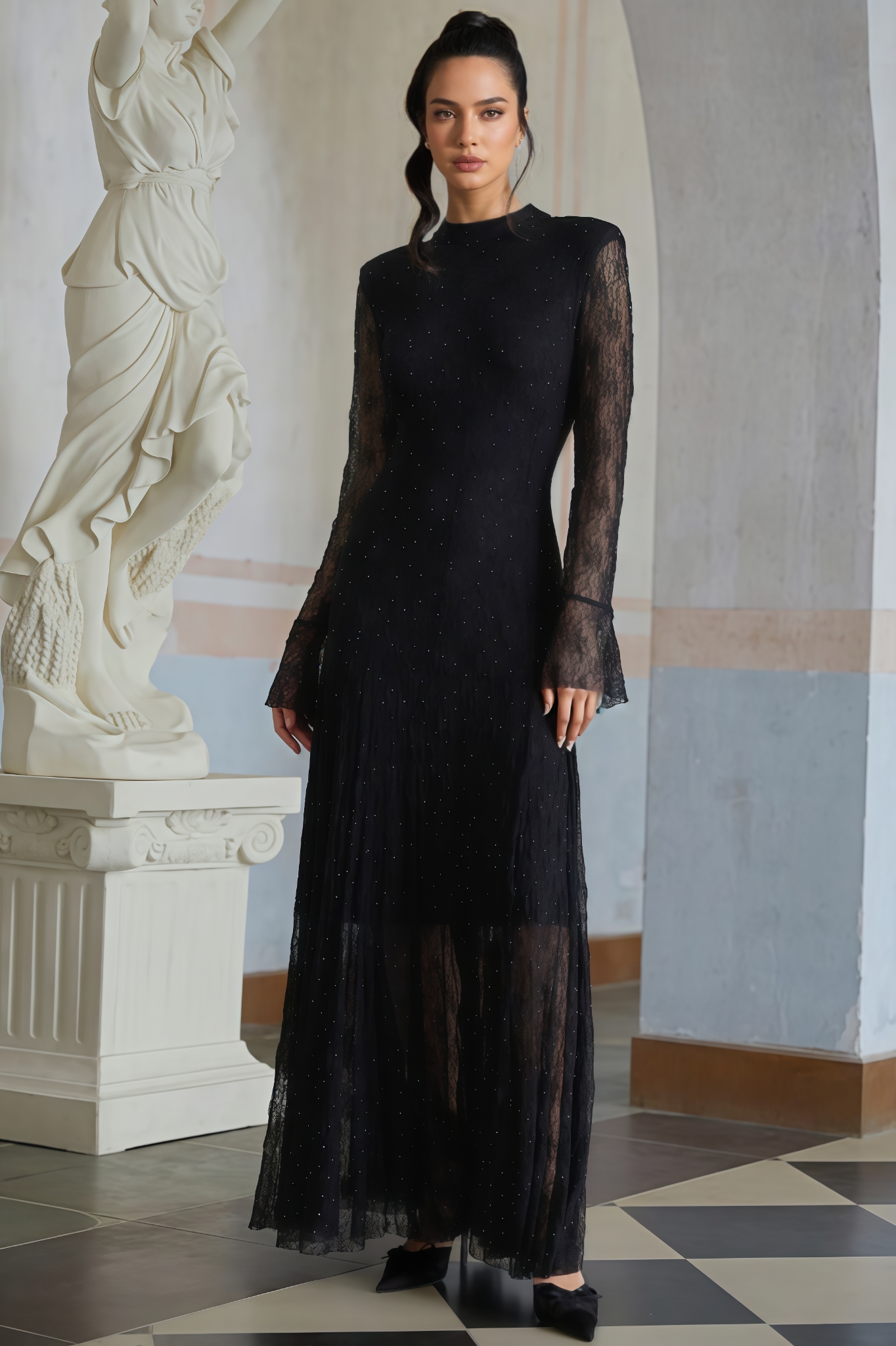 Codi Black Rhinestone Lace Maxi Dress