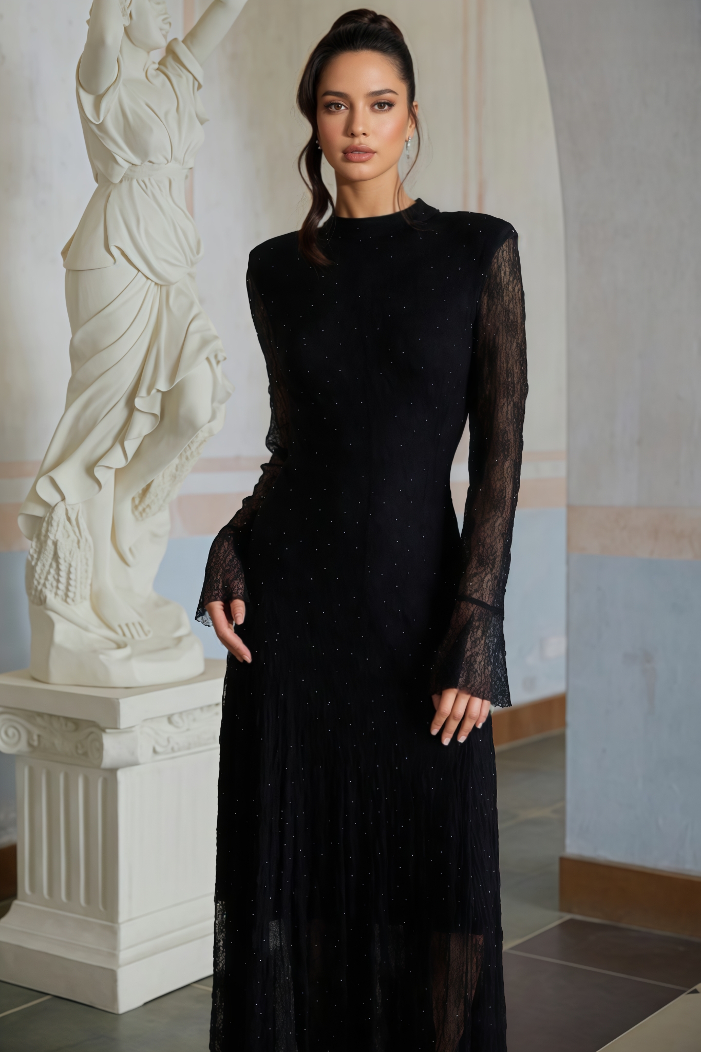 Codi Black Rhinestone Lace Maxi Dress