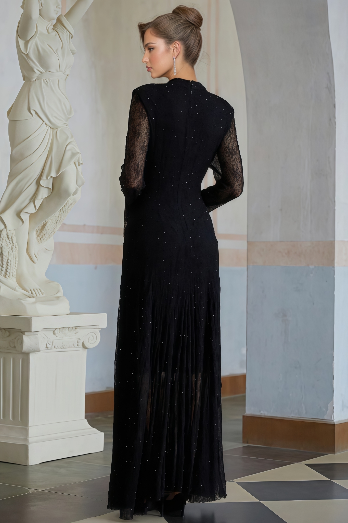 Codi Black Rhinestone Lace Maxi Dress