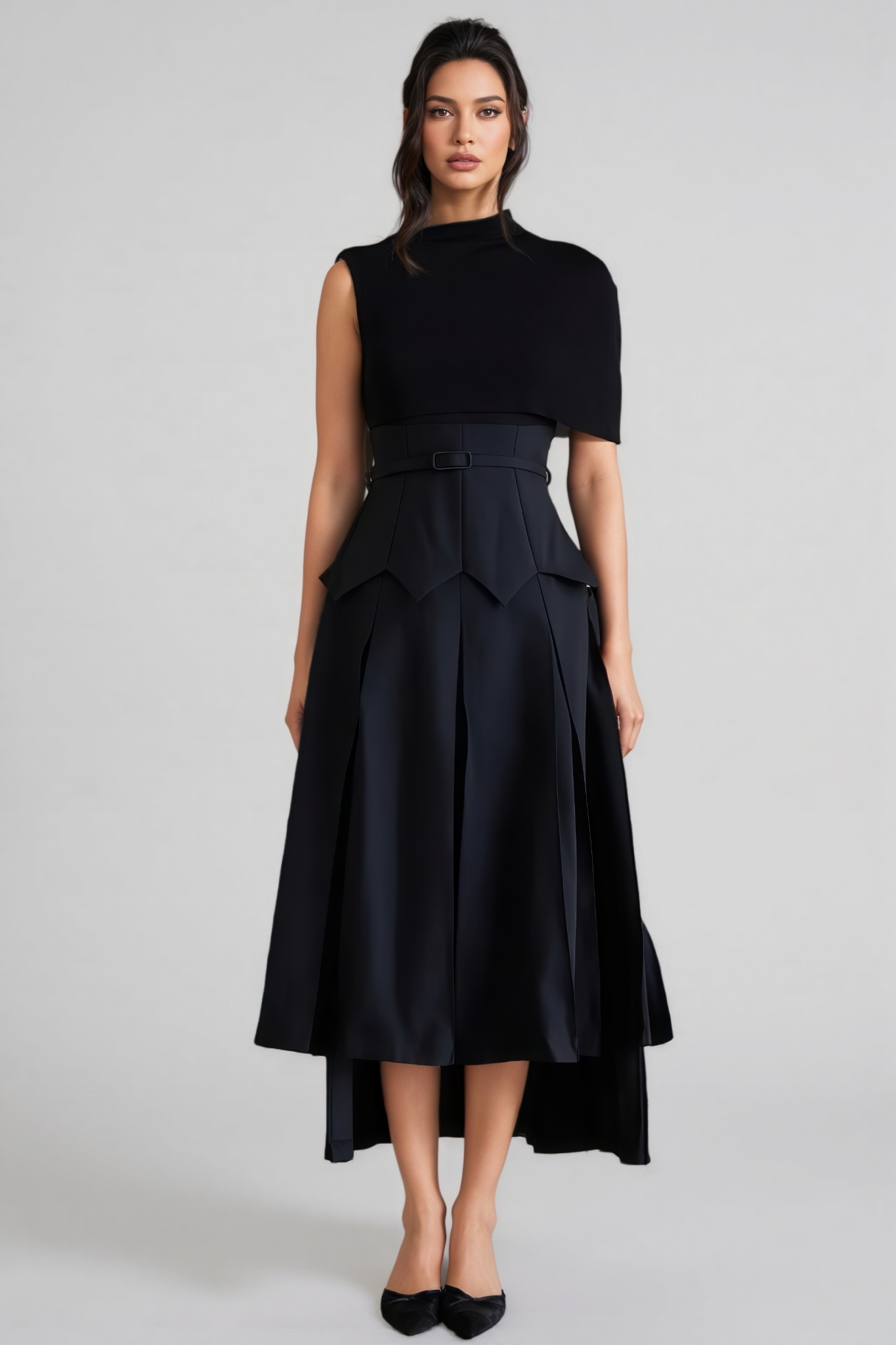 Arlyss Black Asymmetrical Shawl Layered Midi Dress