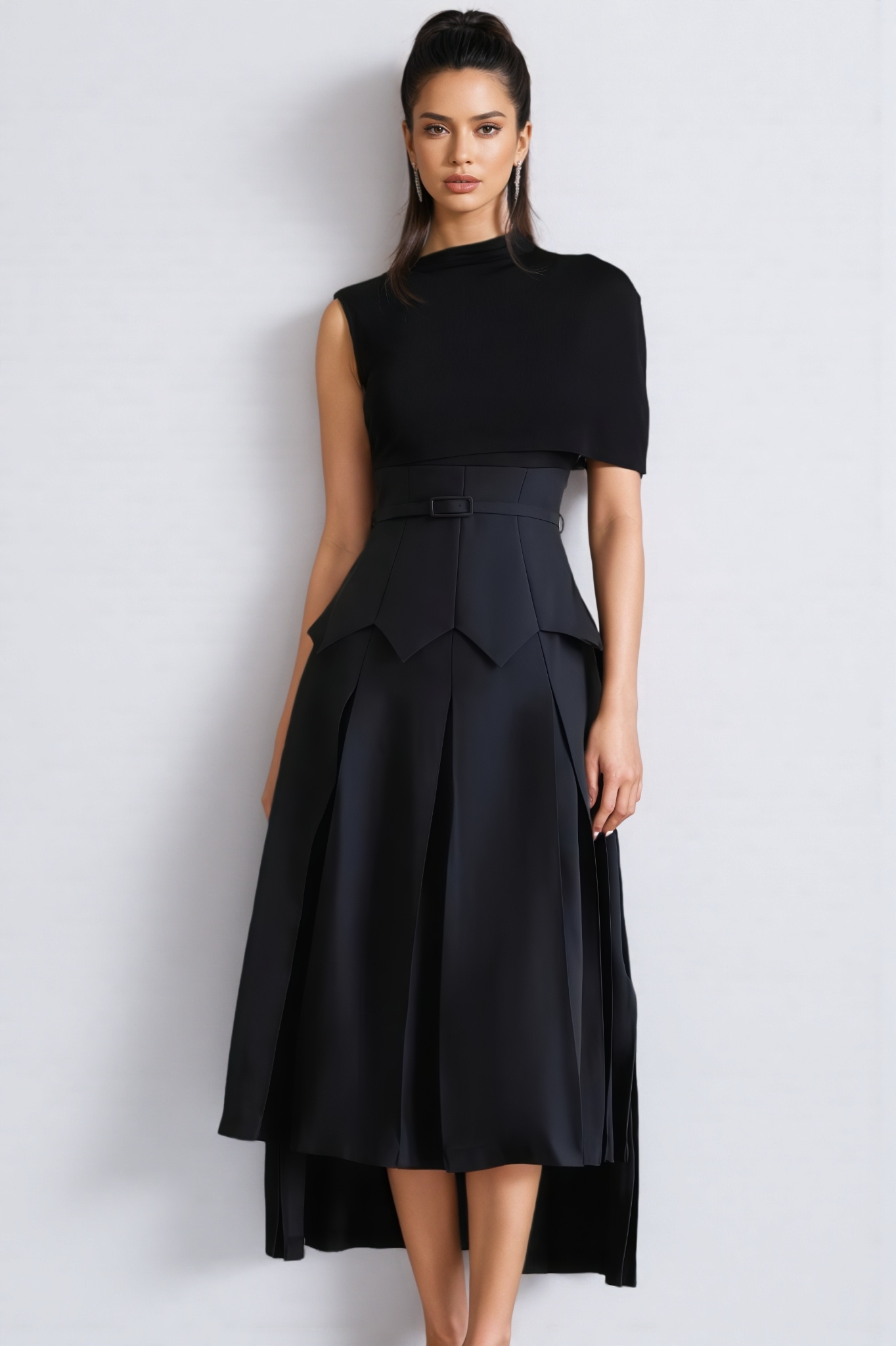 Arlyss Black Asymmetrical Shawl Layered Midi Dress