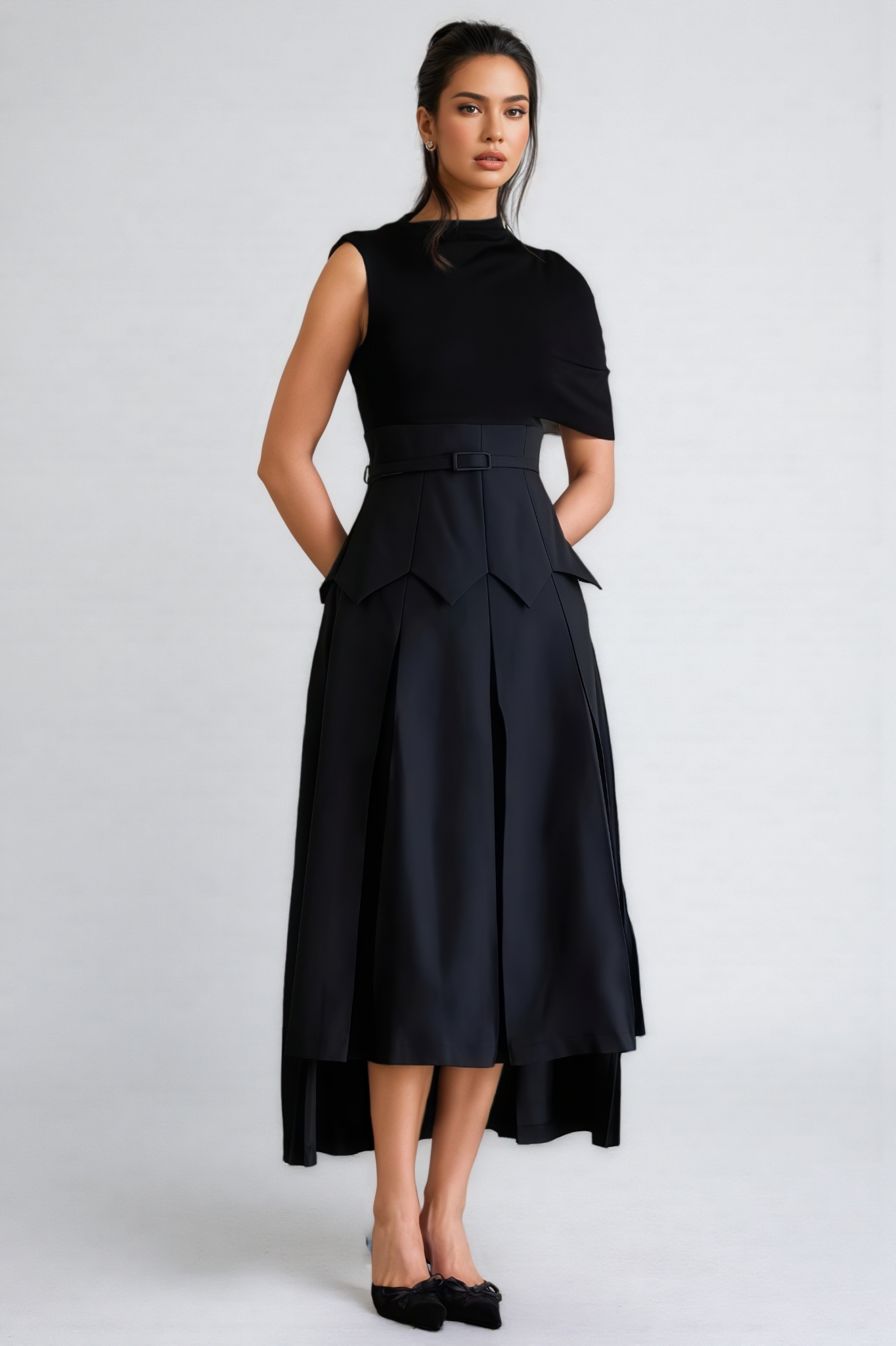 Arlyss Black Asymmetrical Shawl Layered Midi Dress