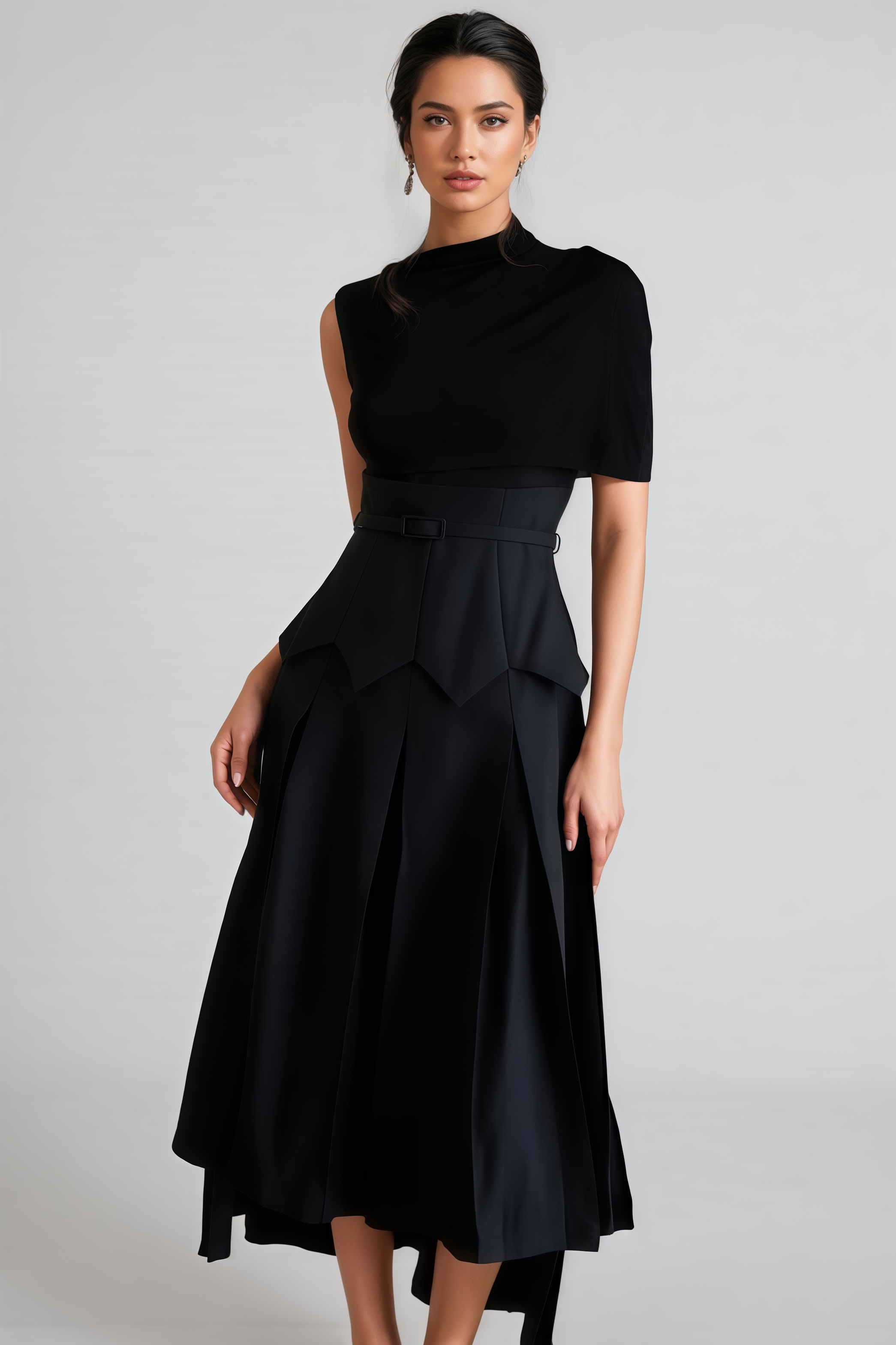 Arlyss Black Asymmetrical Shawl Layered Midi Dress