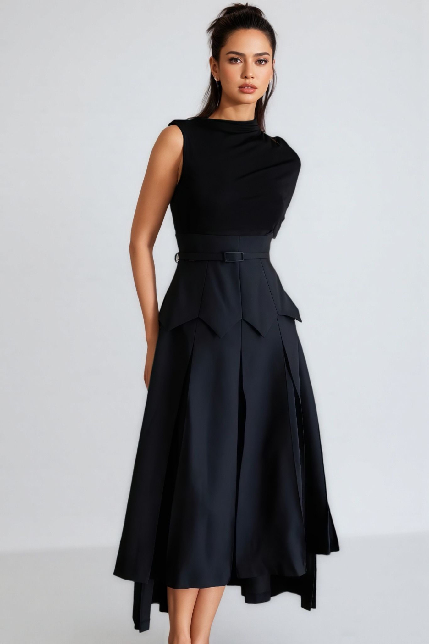 Arlyss Black Asymmetrical Shawl Layered Midi Dress