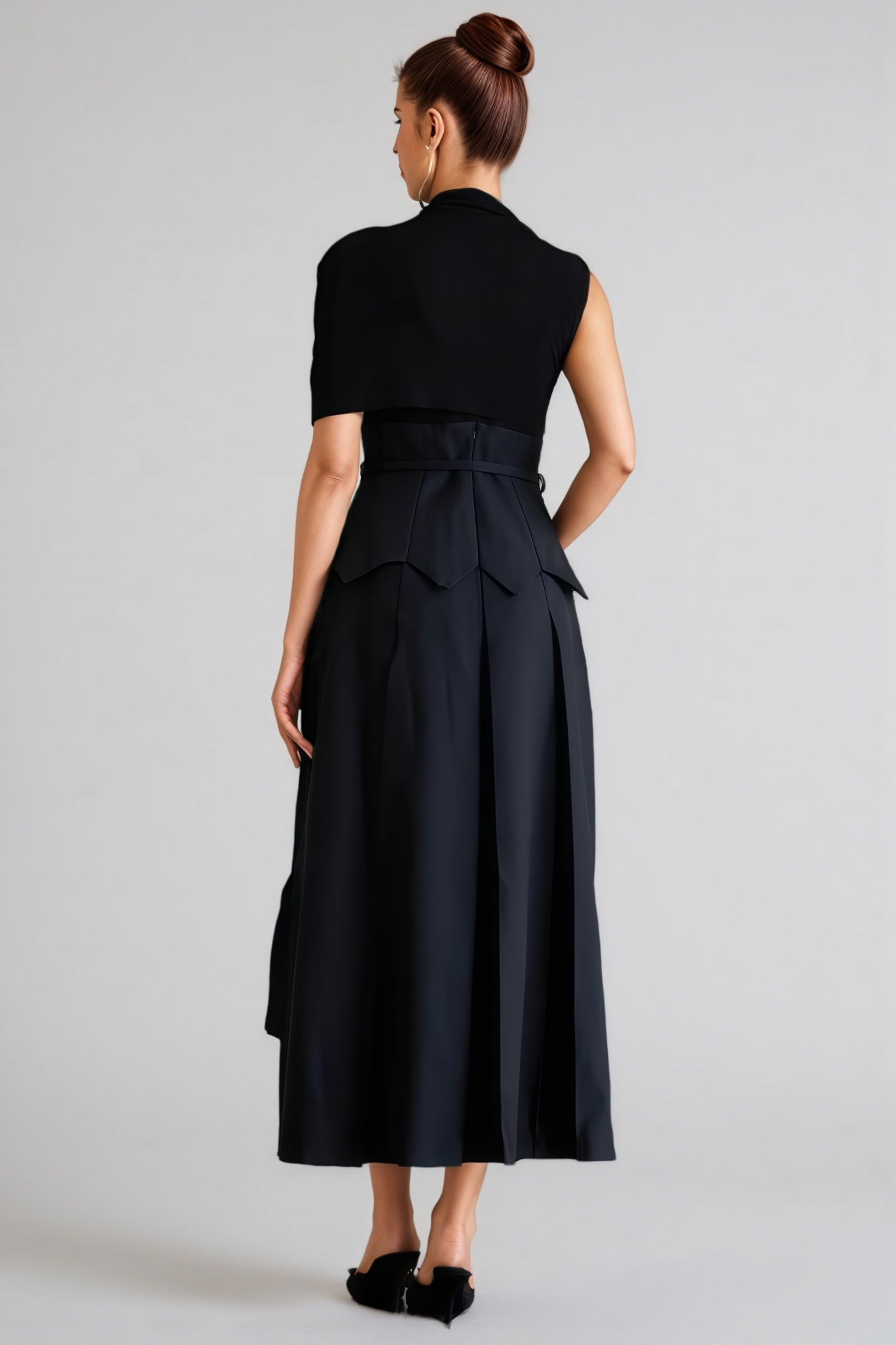 Arlyss Black Asymmetrical Shawl Layered Midi Dress