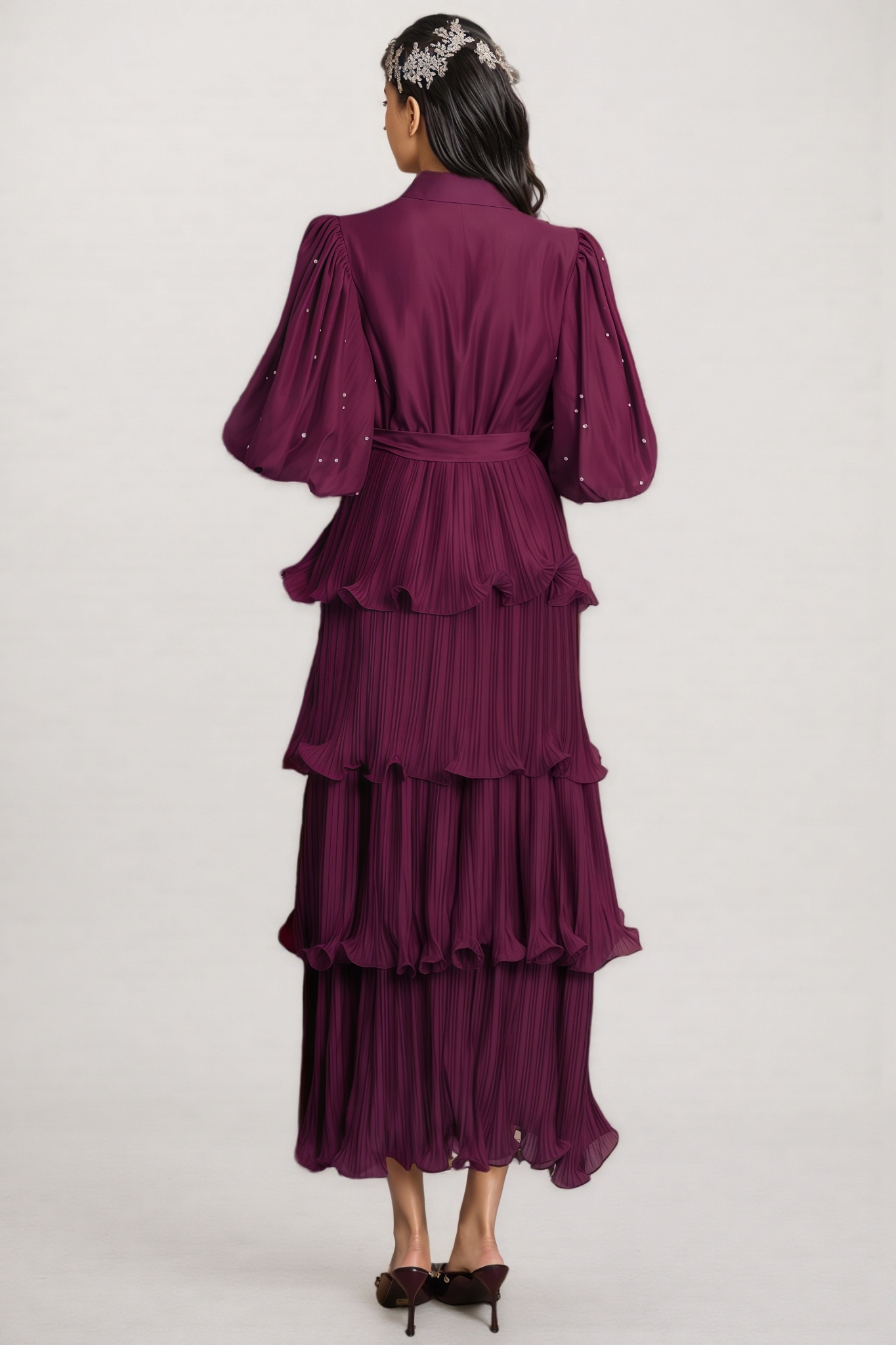 Urlen Purple Pleated Rhinestone Midi Dress