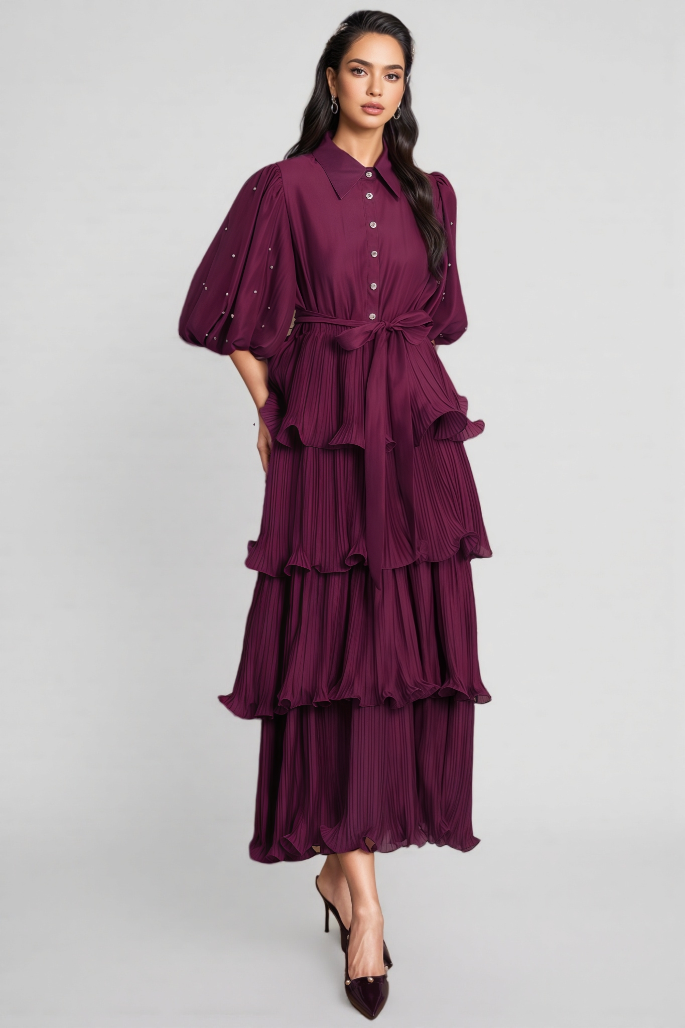 Urlen Purple Pleated Rhinestone Midi Dress