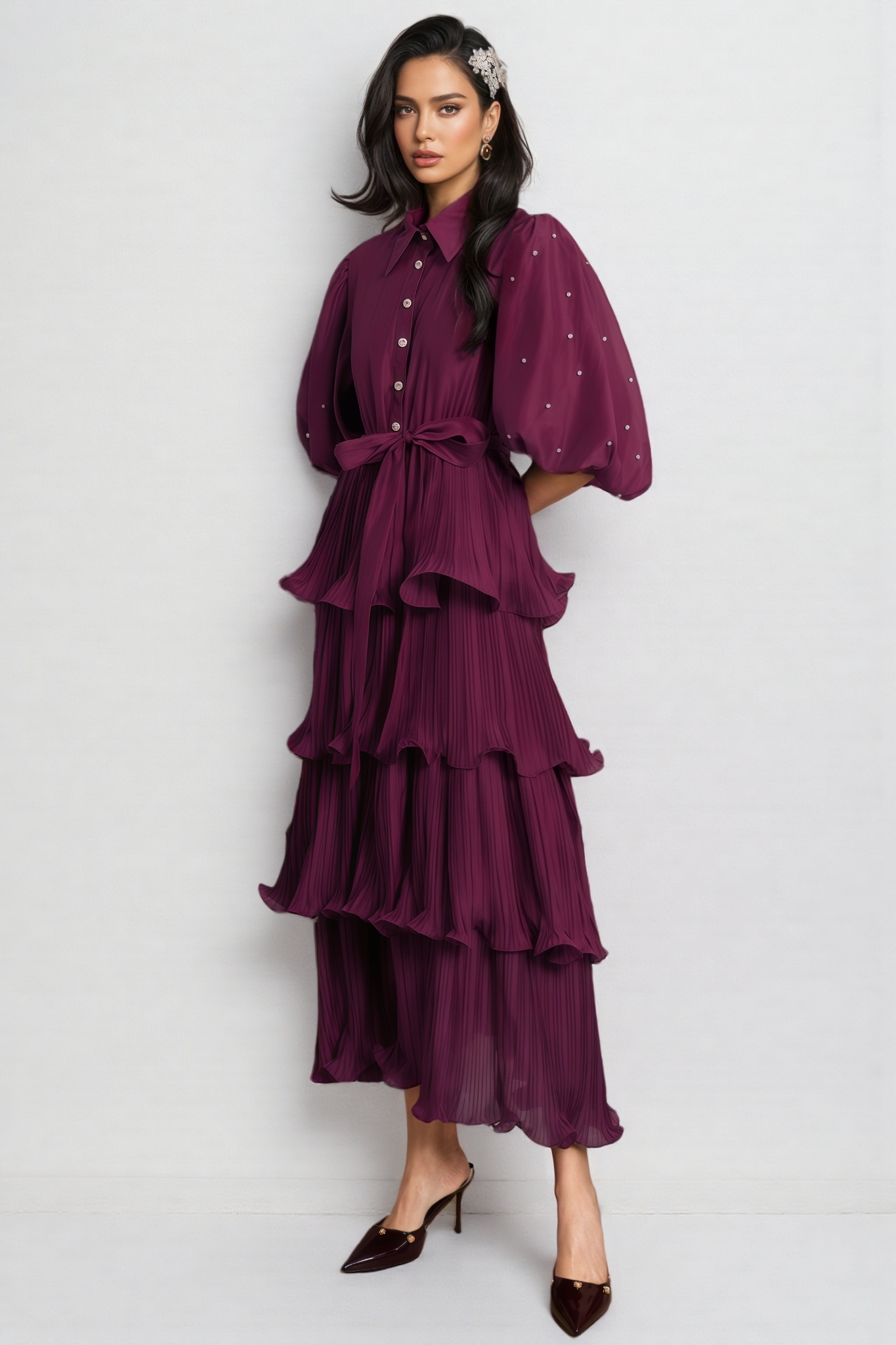 Urlen Purple Pleated Rhinestone Midi Dress