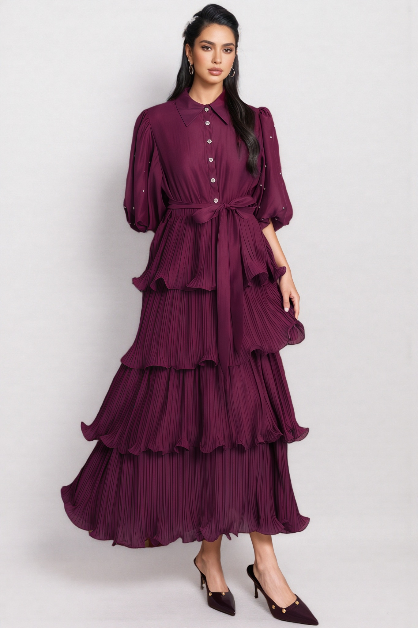 Urlen Purple Pleated Rhinestone Midi Dress