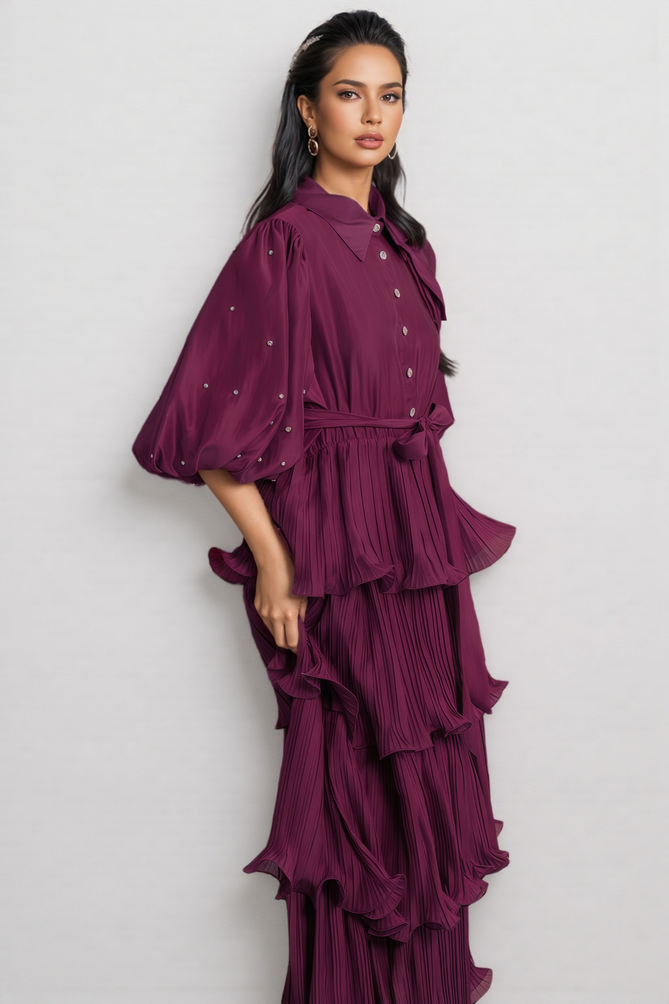 Urlen Purple Pleated Rhinestone Midi Dress