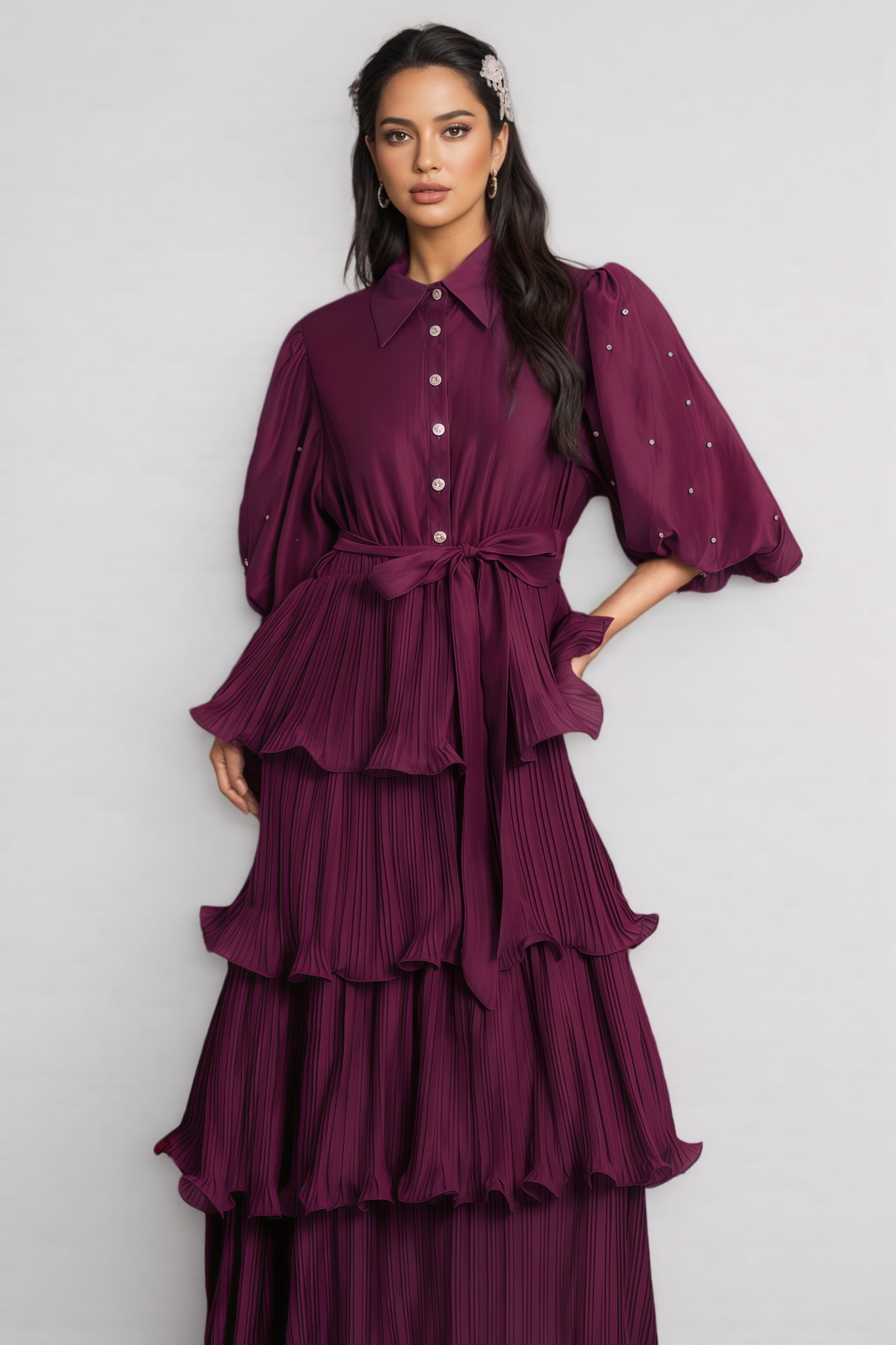 Urlen Purple Pleated Rhinestone Midi Dress