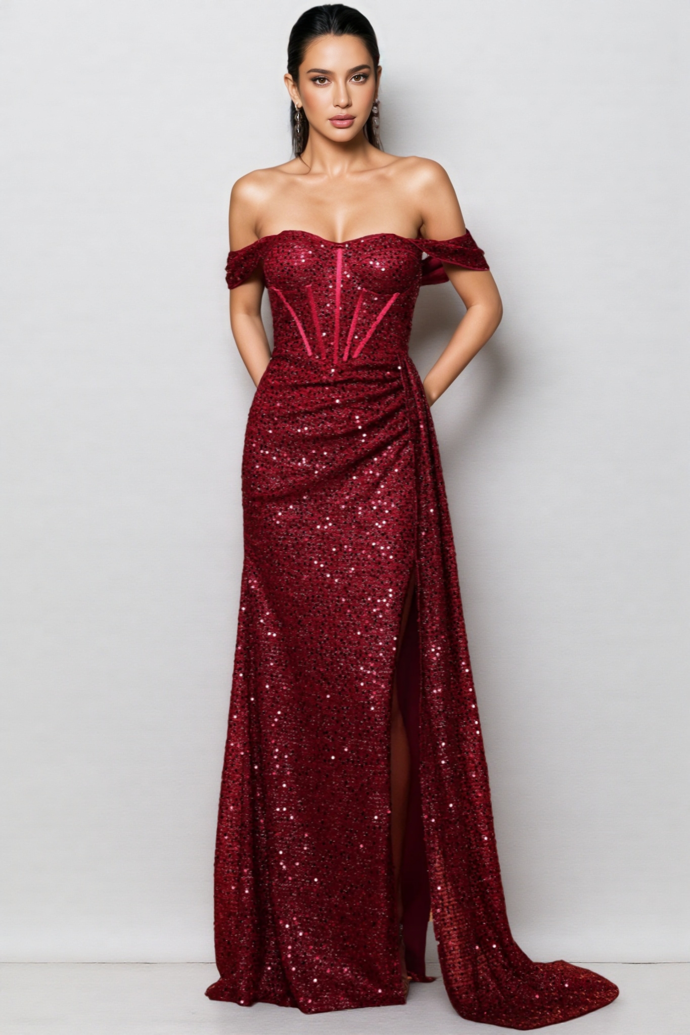Elizabeth Off Shoulder Corset Sequin Maxi Dress
