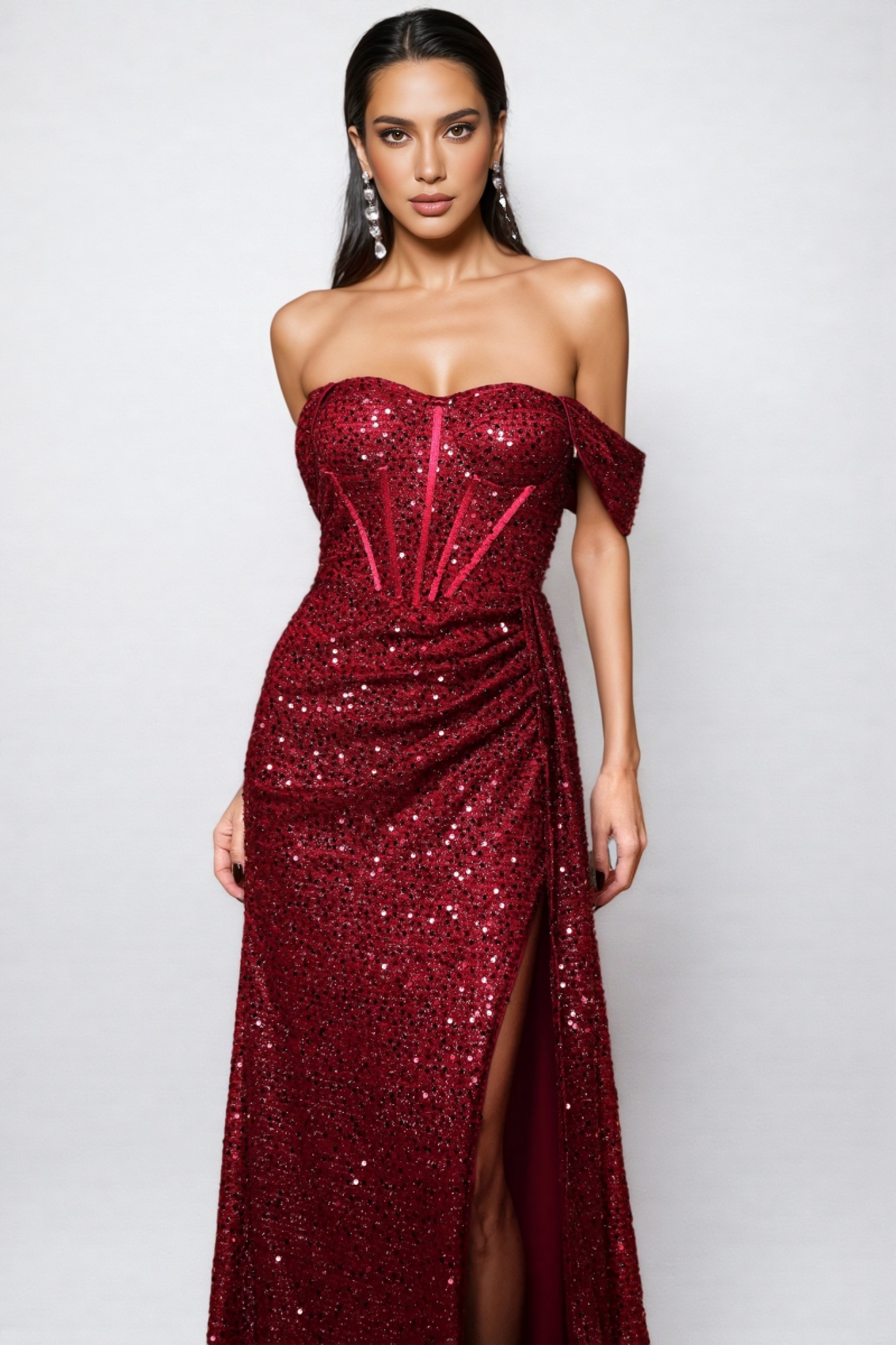 Elizabeth Off Shoulder Corset Sequin Maxi Dress