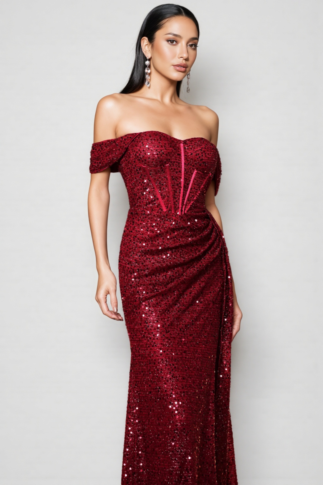 Elizabeth Off Shoulder Corset Sequin Maxi Dress