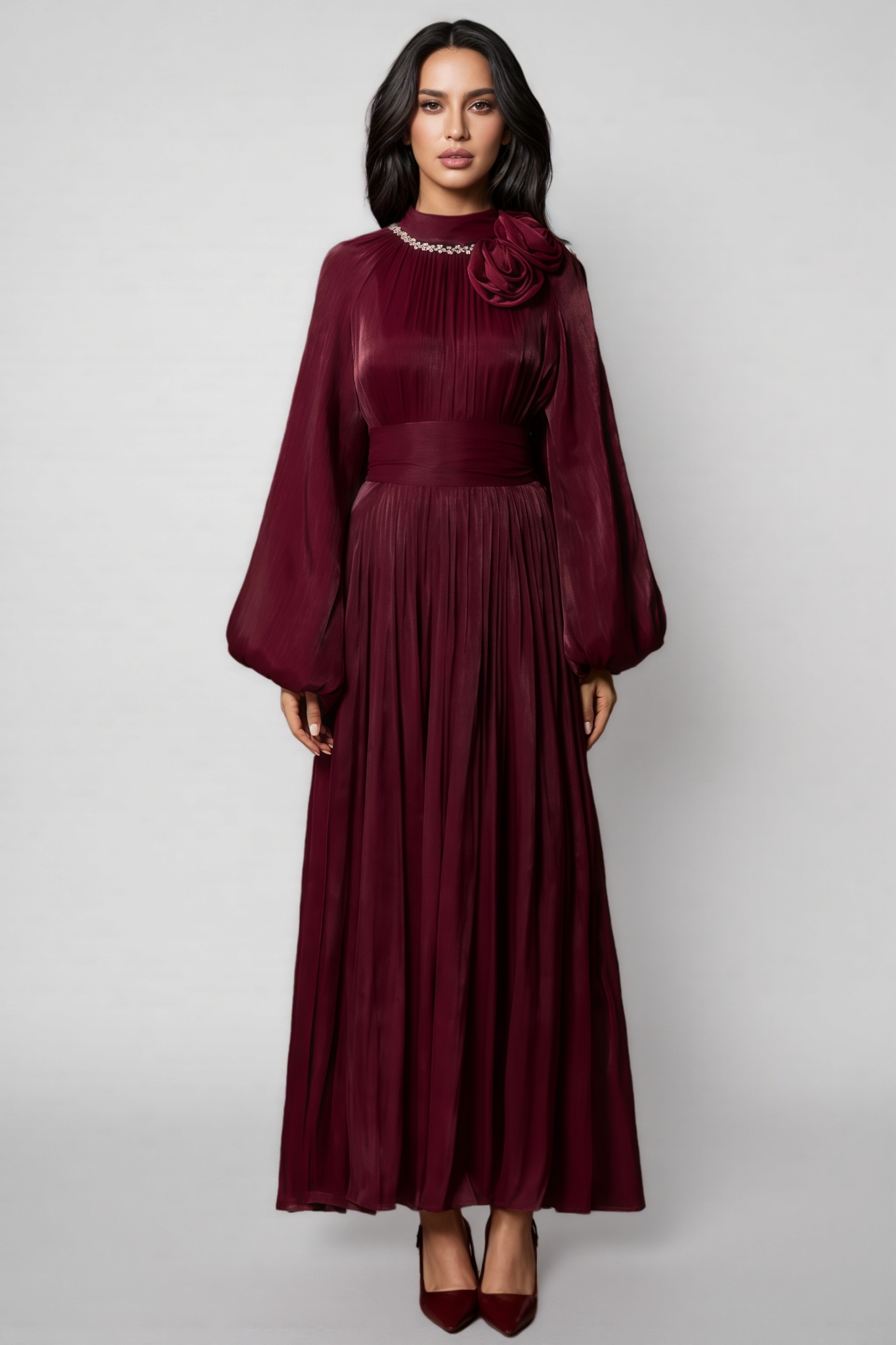Hulda Pearl Collared Pleated Maxi Dress