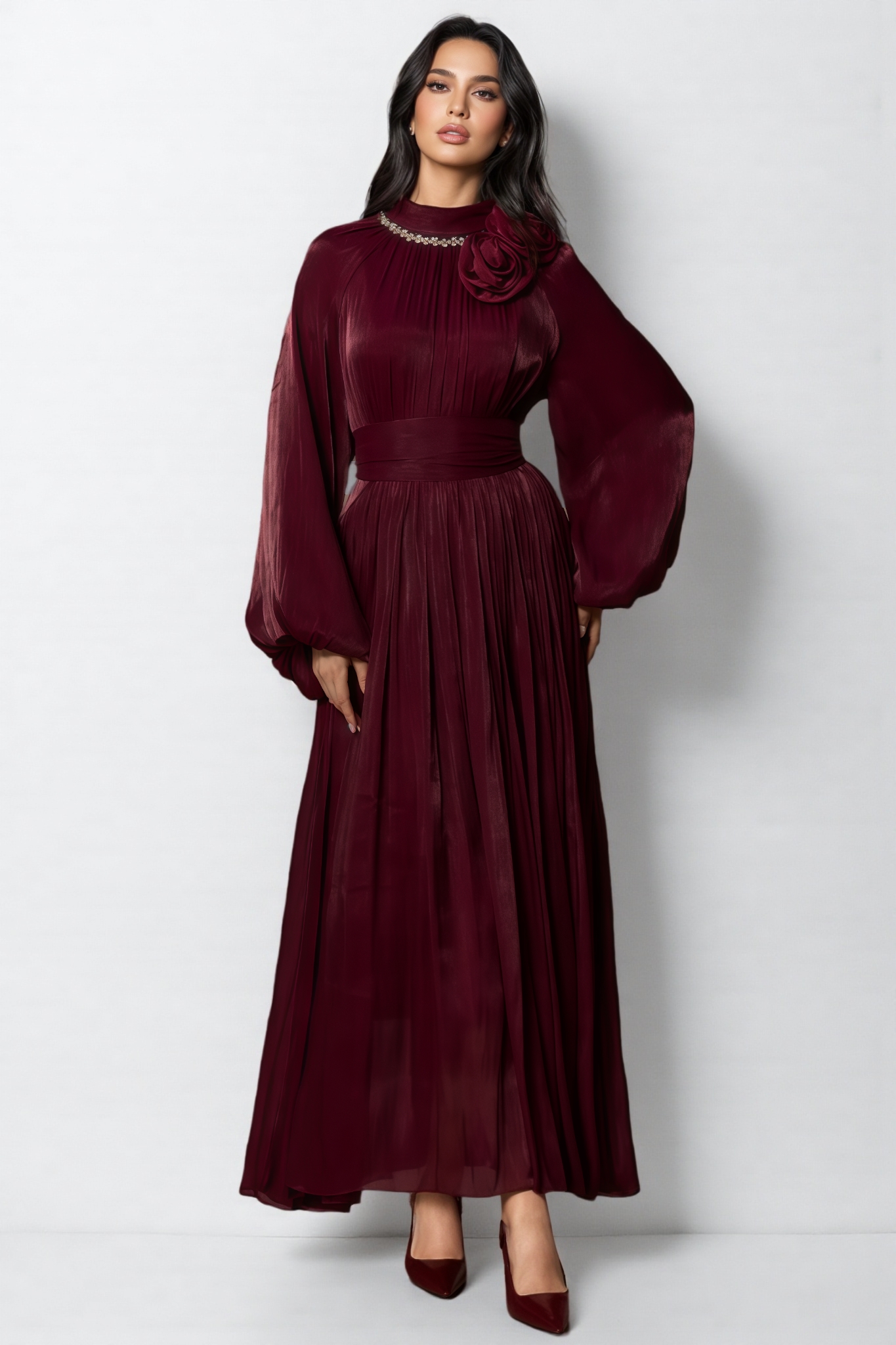 Hulda Pearl Collared Pleated Maxi Dress