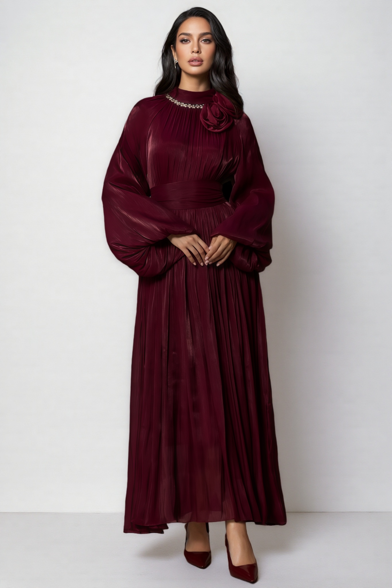 Hulda Pearl Collared Pleated Maxi Dress