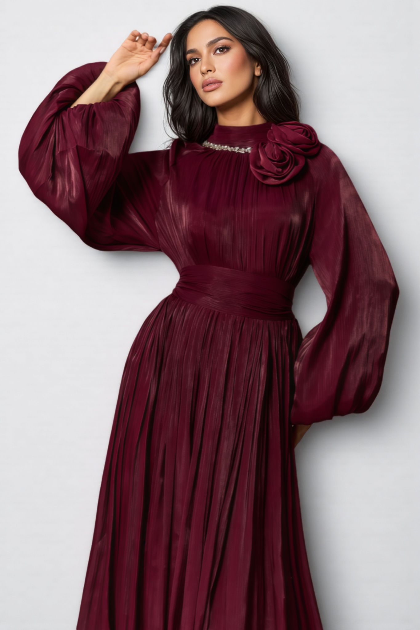 Hulda Pearl Collared Pleated Maxi Dress