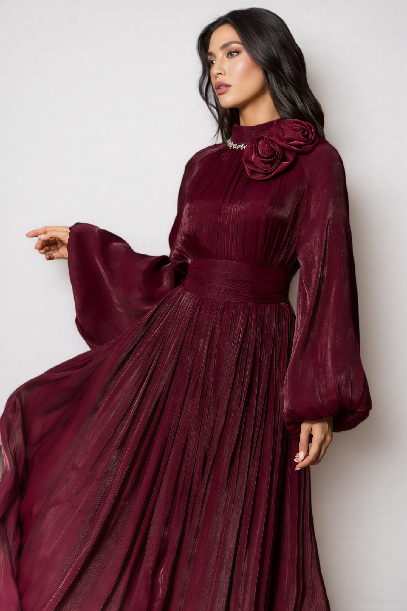 Hulda Pearl Collared Pleated Maxi Dress